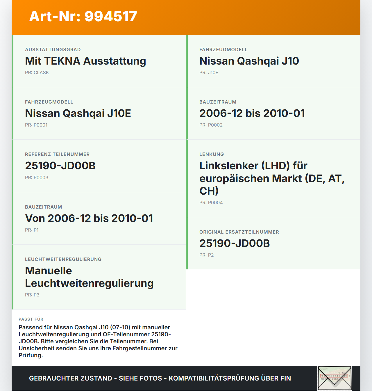 Nissan Qashqai J10 07-10 LWR Schalter Leuchtweitenregler Nissan Qashqai J10 07-10 30.06.2009 25190JD00B 25190-JD00B... Vorschau 3