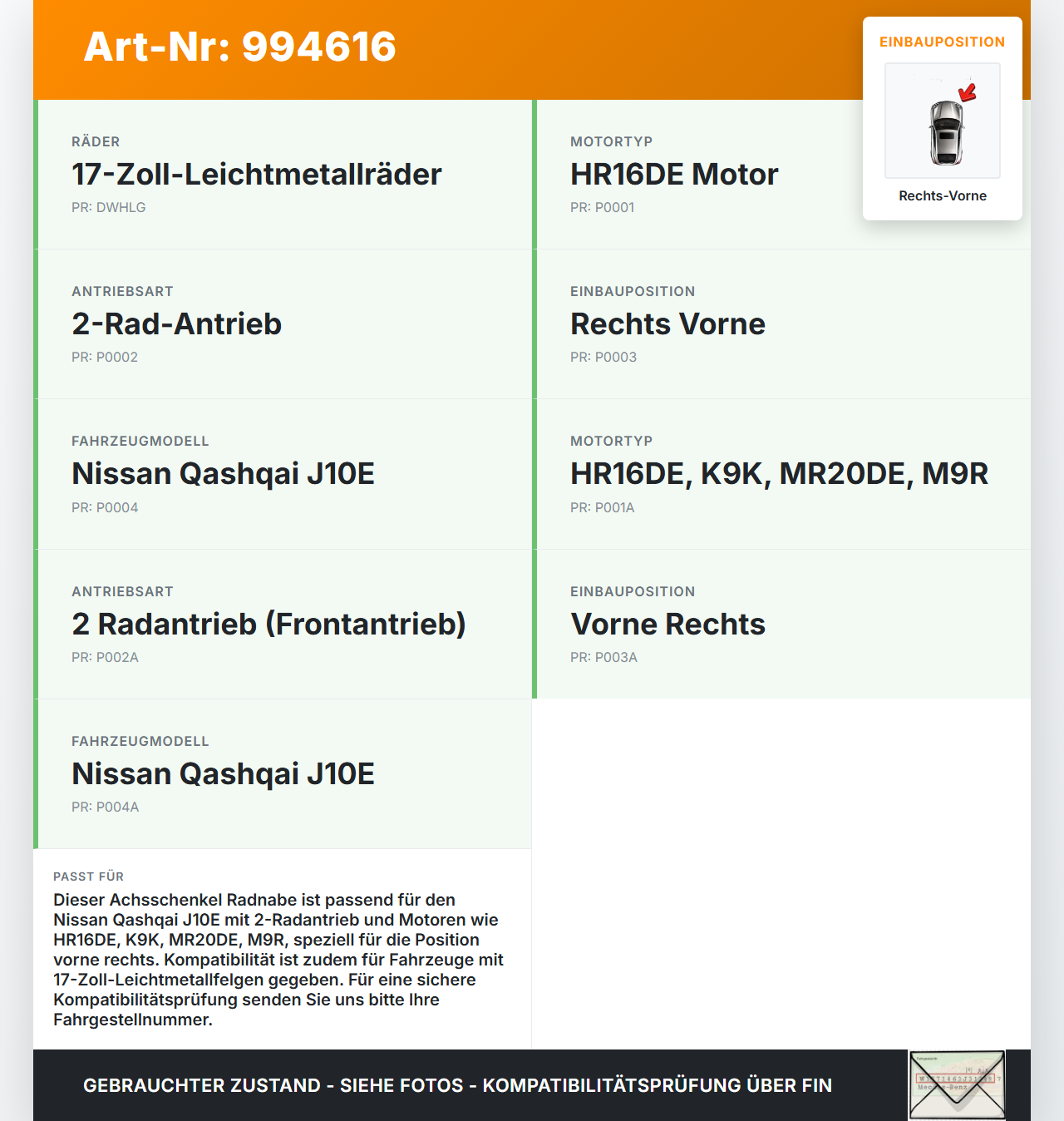Nissan Qashqai J10 07-10 1,6 84KW Achsschenkel Radnabe Rechts Vorne Nissan Qashqai J10 07-10 30.06.2009 40014JD000... Vorschau 3
