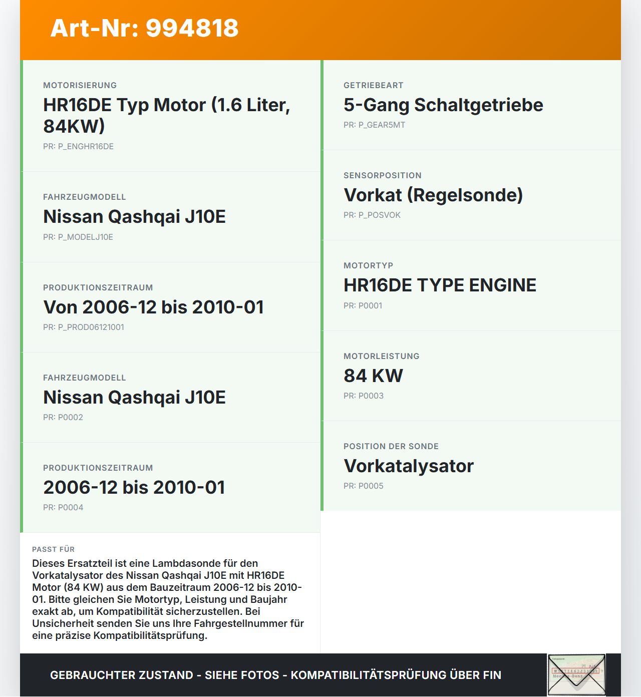 Nissan Qashqai J10 07-10 1,6 84KW Lambdasonde Sensor Abgassonde Regelsonde Vorkat Nissan Qashqai J10 07-10... Vorschau 3