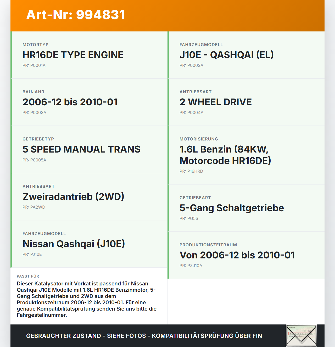 Nissan Qashqai J10 07-10 1,6 84KW Katalysator mit Vorkat Auspuffanlage Nissan Qashqai J10 07-10 30.06.2009... Vorschau 3