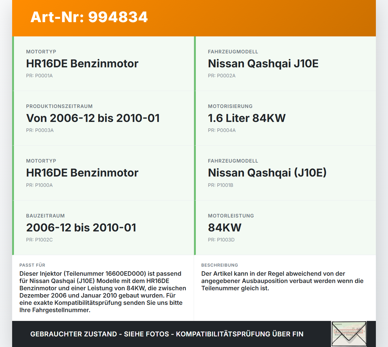 Nissan Qashqai J10 07-10 1,6 84KW Injektor Einspritzdüse Zyl.3 Nissan Qashqai J10 07-10 30.06.2009 16600ED000 gebraucht Vorschau 3