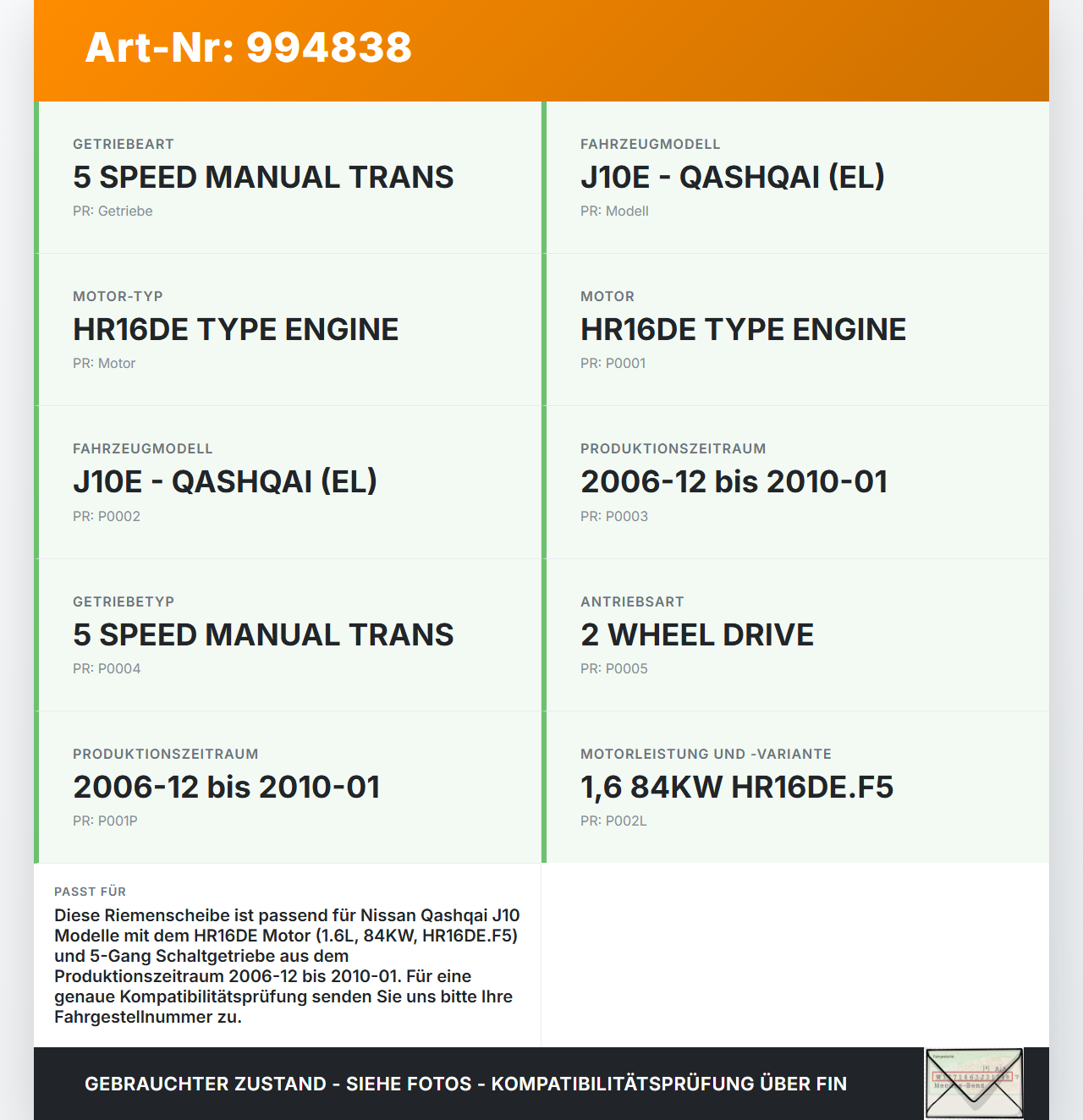 Nissan Qashqai J10 07-10 1,6 84KW HR16DE.F5 Riemenscheibe für die Kurbelwelle Nissan Qashqai J10 07-10 30.06.2009... Vorschau 3