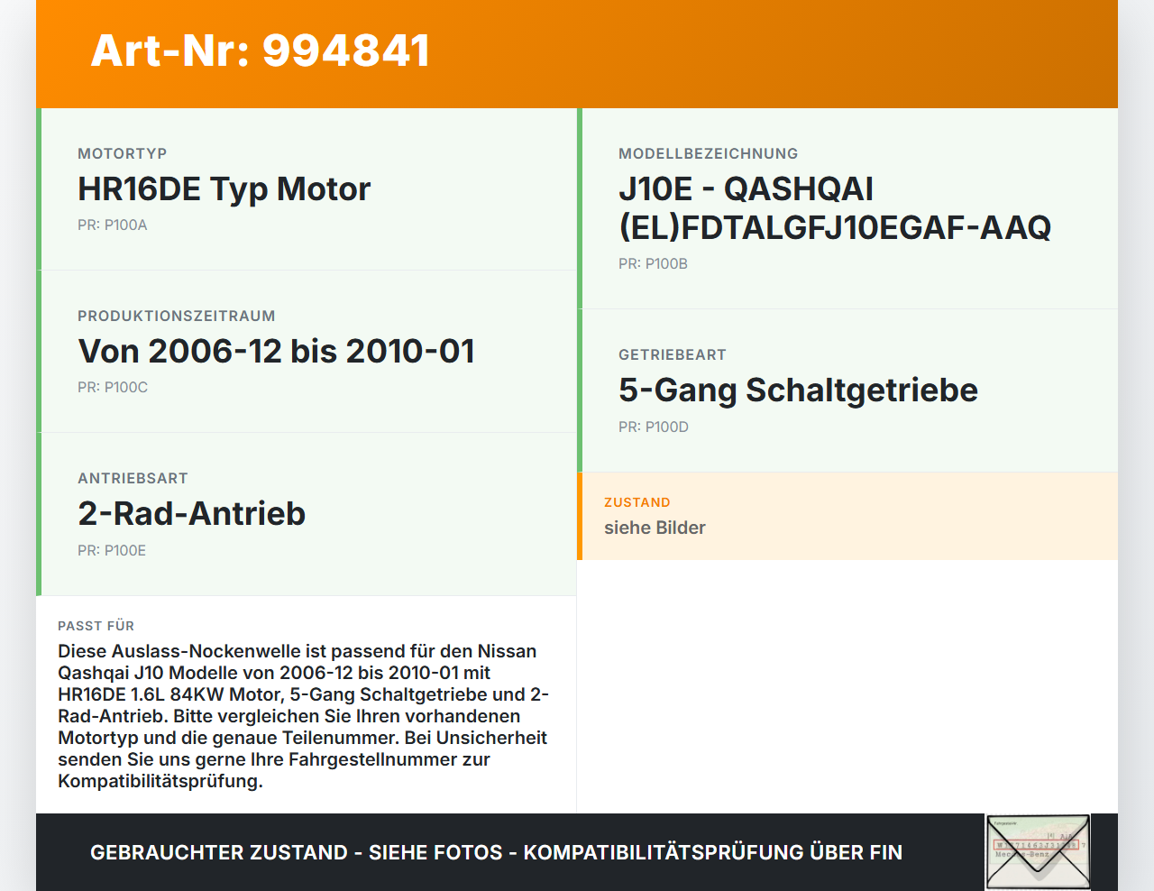 Nissan Qashqai J10 07-10 1,6 84KW HR16DE.F5 Nockenwelle Auslass Nissan Qashqai J10 07-10 30.06.2009 13020EE001 gebraucht Vorschau 3