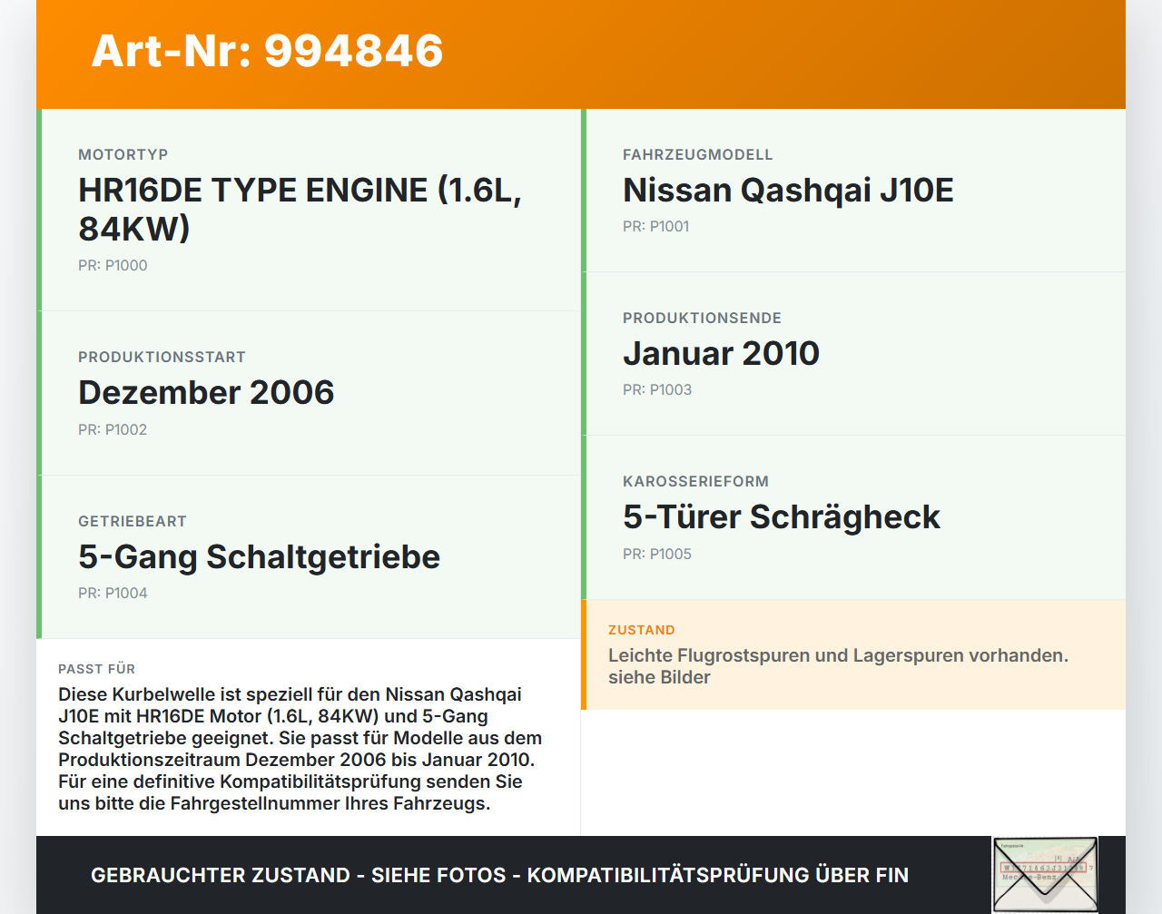 Nissan Qashqai J10 07-10 1,6 84KW HR16DE.F5 Kurbelwelle Nissan Qashqai J10 07-10 30.06.2009 12201EE02A gebraucht Vorschau 3