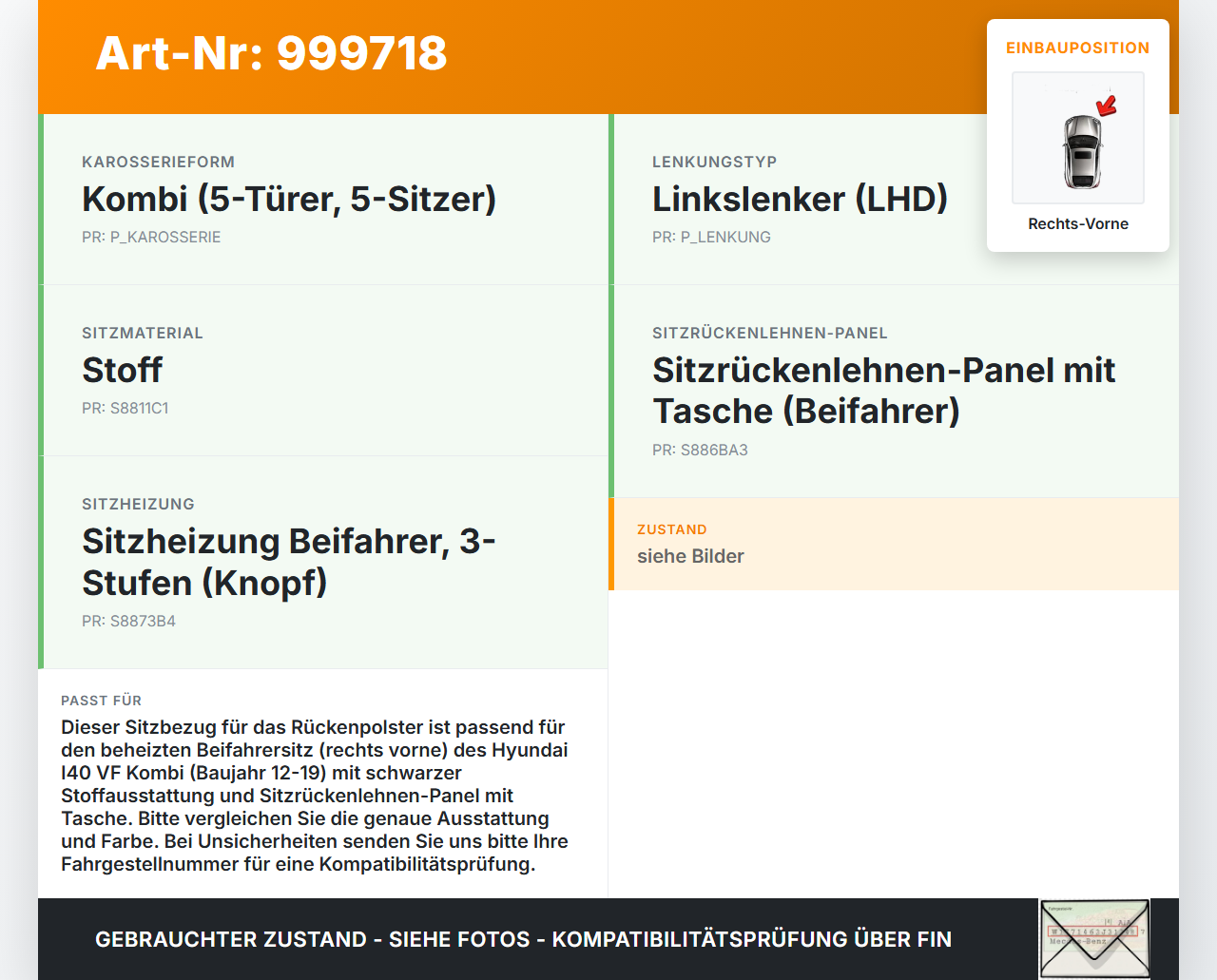 Hyundai I40 VF 12-19 Kombi Sitzbezug Rückenpolster Rechts Vorne für Beifahrer Sitz beheizt Hyundai I40 VF 12-19... Vorschau 3
