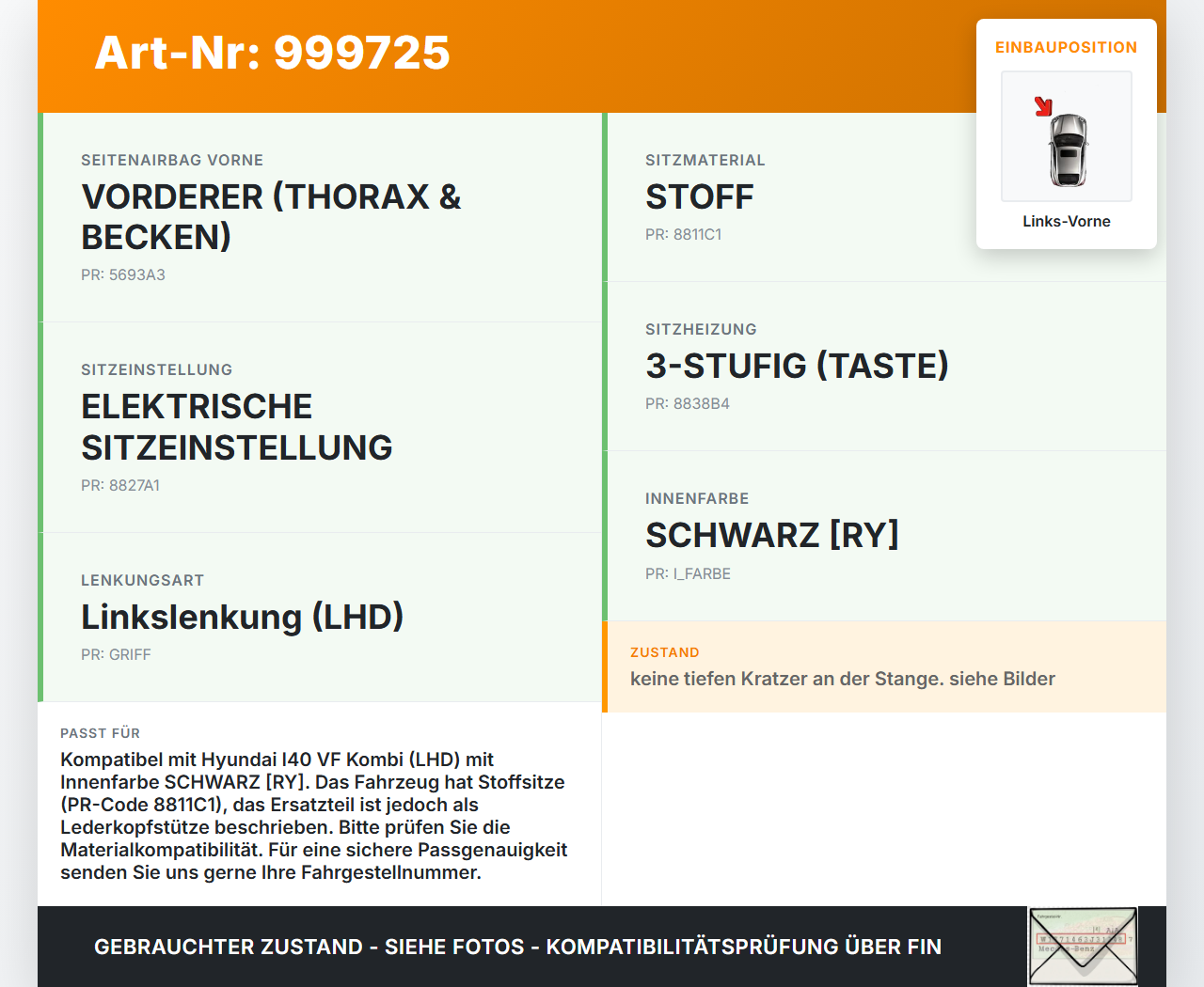 Hyundai I40 VF 12-19 Kopfstütze für Fahrer Sitz Links Vorne Leder Hyundai I40 VF 12-19 09.07.2014 88700-3Z050V2F... Vorschau 3