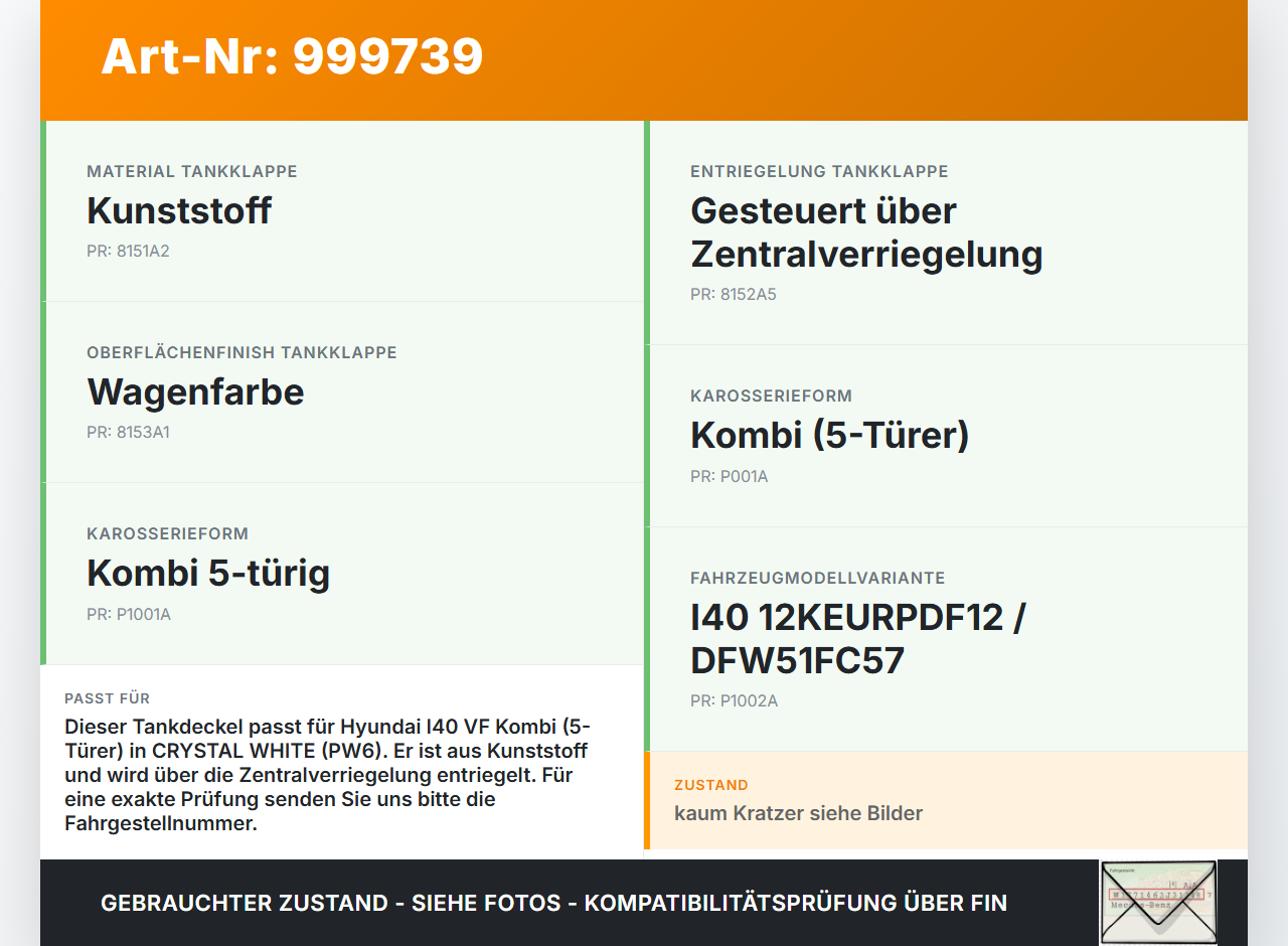 Hyundai I40 VF 12-19 Tankdeckel Tankklappe PW6 Hyundai I40 VF 12-19 09.07.2014 69510-3Z000 gebraucht Vorschau 3