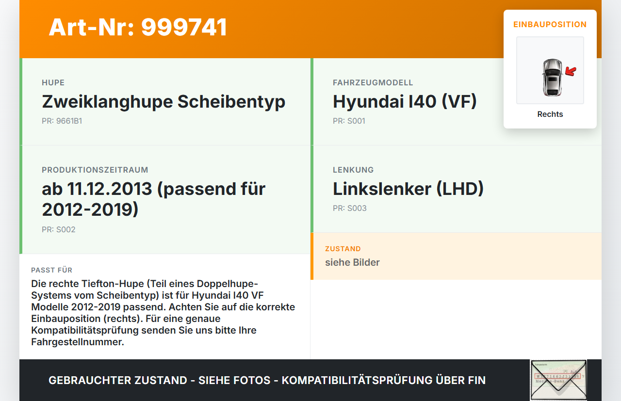 Hyundai I40 VF 12-19 Hupe Signalhorn Tieftöner Rechts Hyundai I40 VF 12-19 09.07.2014 966103Z500 gebraucht Vorschau 3