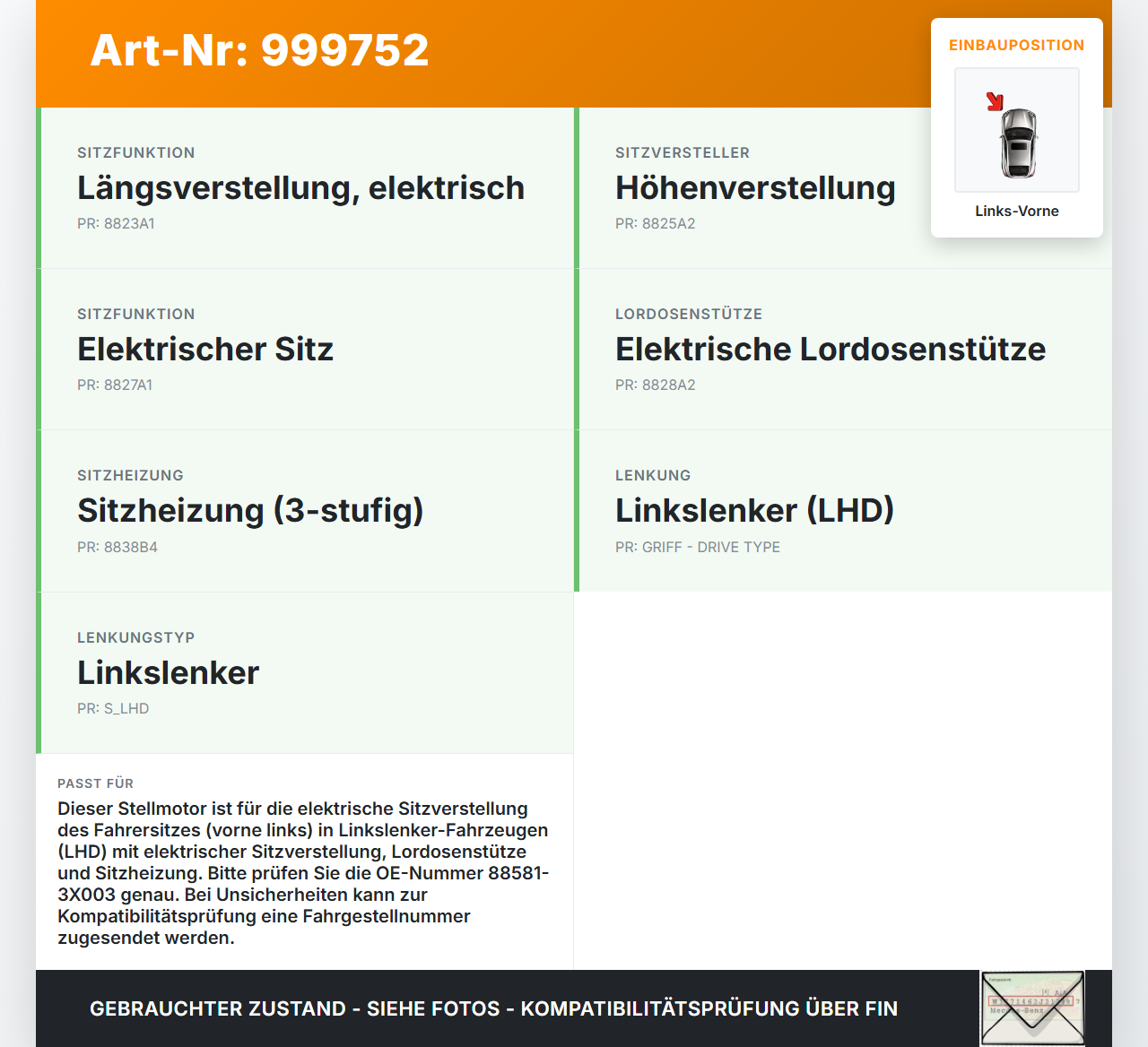 Hyundai I40 VF 12-19 Stellmotor Elektr. Sitzverstellung Links Vorne Hyundai I40 VF 12-19 09.07.2014 88581-3X003... Vorschau 3