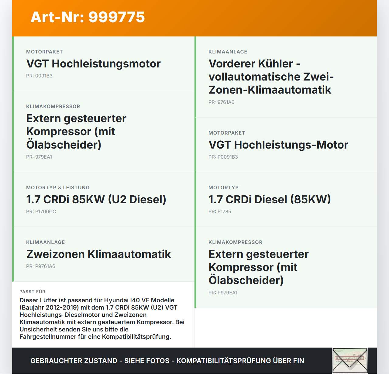 Hyundai I40 VF 12-19 CRDi 1,7 85KW Lüfter Ventilator f. Kühler Hyundai I40 VF 12-19 09.07.2014 3137230101 gebraucht Vorschau 3