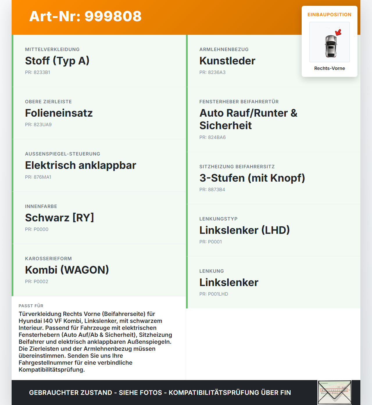 Hyundai I40 VF 12-19 Kombi Türverkleidung Türpappe Rechts Vorne Hyundai I40 VF 12-19 09.07.2014 gebraucht Vorschau 3