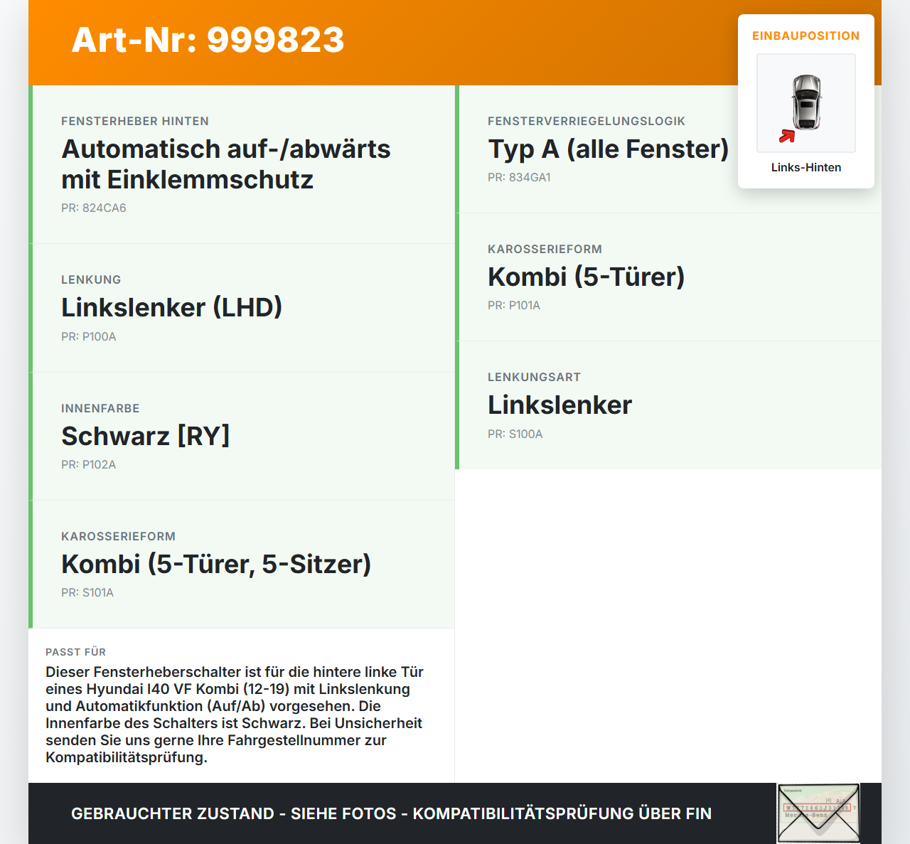 Hyundai I40 VF 12-19 Kombi Fensterheberschalter Schalter Links Hinten Hyundai I40 VF 12-19 09.07.2014 93580-3Z000... Vorschau 3
