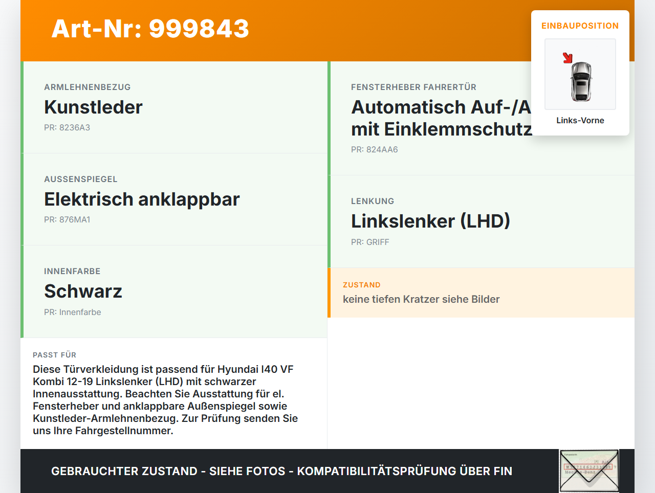 Hyundai I40 VF 12-19 Kombi Türverkleidung Türpappe Links Vorne Hyundai I40 VF 12-19 09.07.2014 gebraucht Vorschau 3