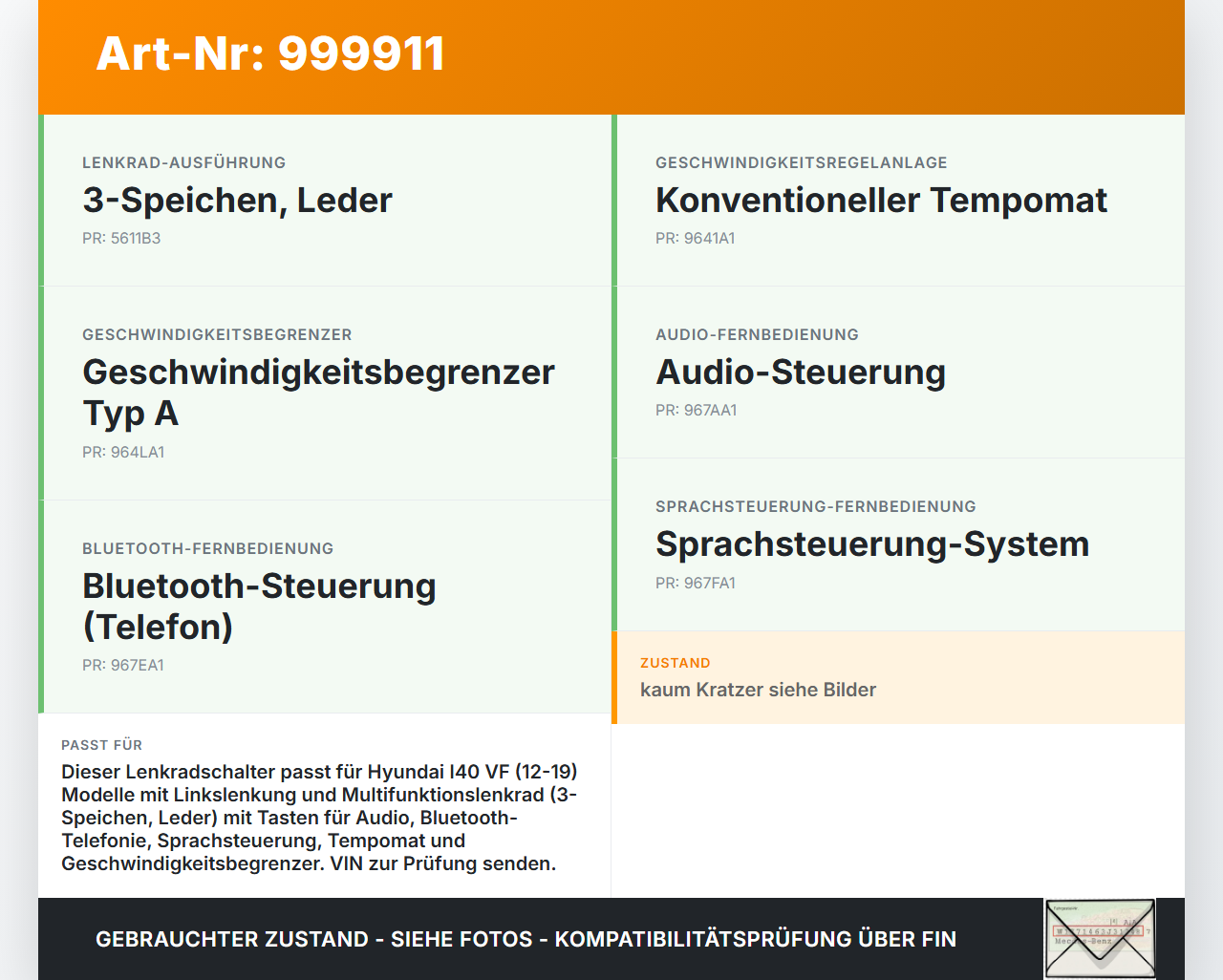 Hyundai I40 VF 12-19 Lenkradschalter Multifunktion Tasten Telefon Hyundai I40 VF 12-19 09.07.2014 39R293-1200 gebraucht Vorschau 3