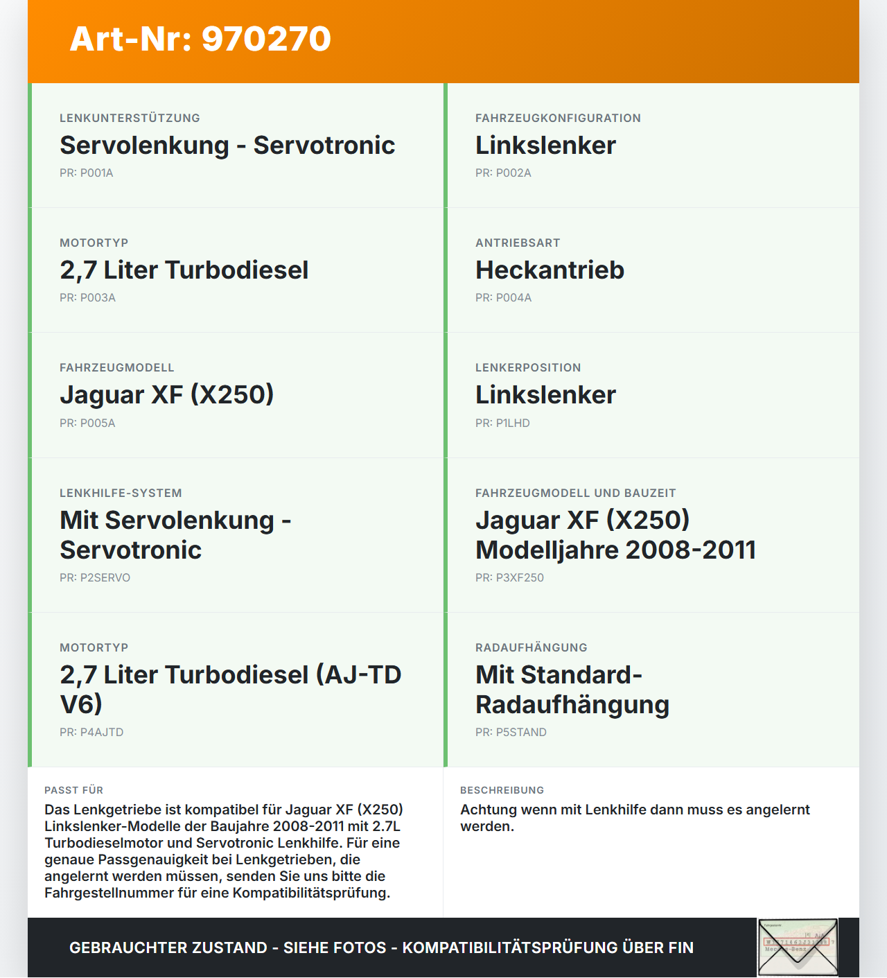 Jaguar XF X250 08-11 Lenkgetriebe Servolenkung Jaguar XF X250 08-11 08.04.2009 gebraucht Vorschau 3