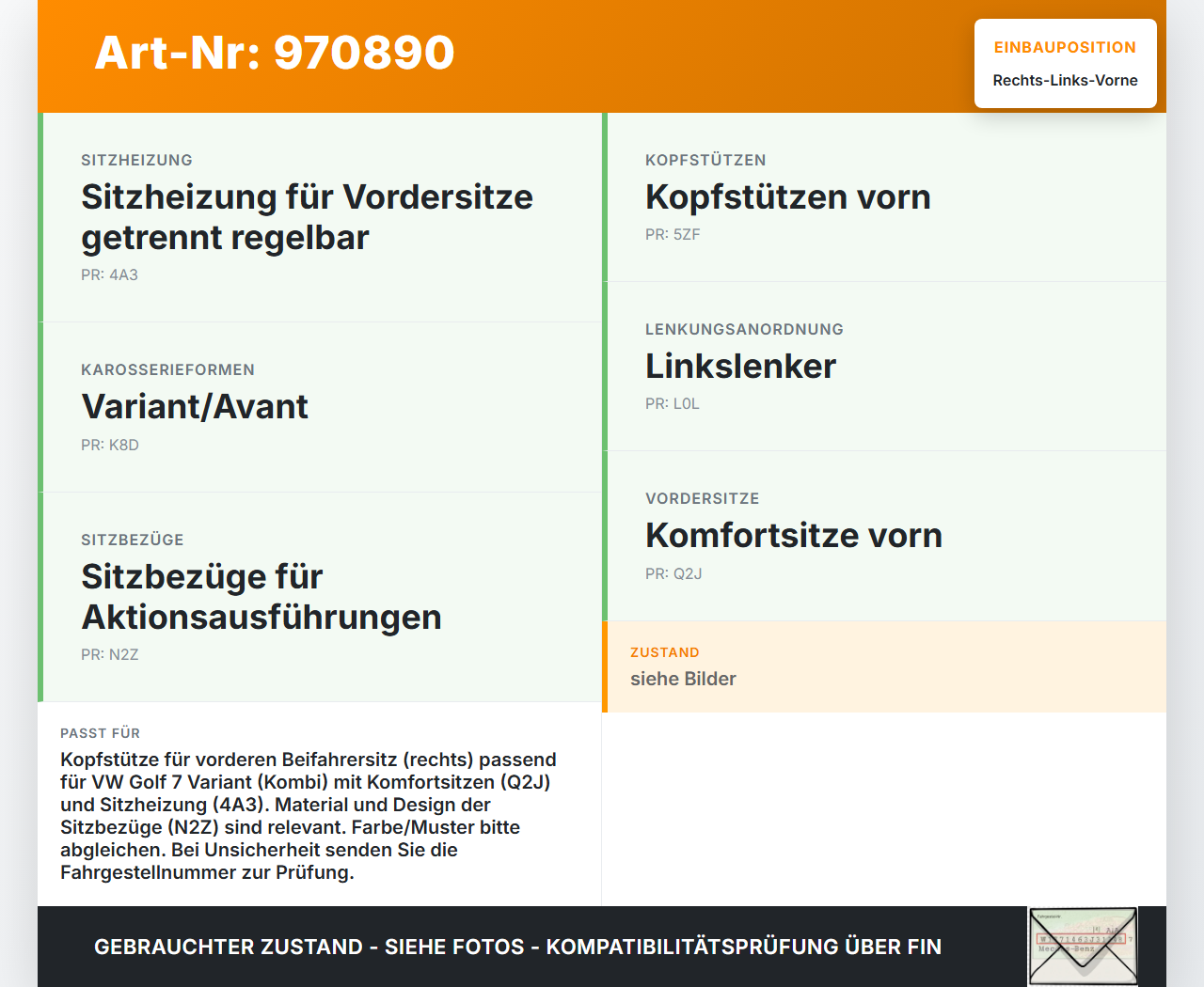 VW Golf 7 VII 13-17 Kombi Kopfstütze für Beifahrer Sitz Rechts oder Links Vorne VW Golf 7 VII 13-17 22.10.2015... Vorschau 3