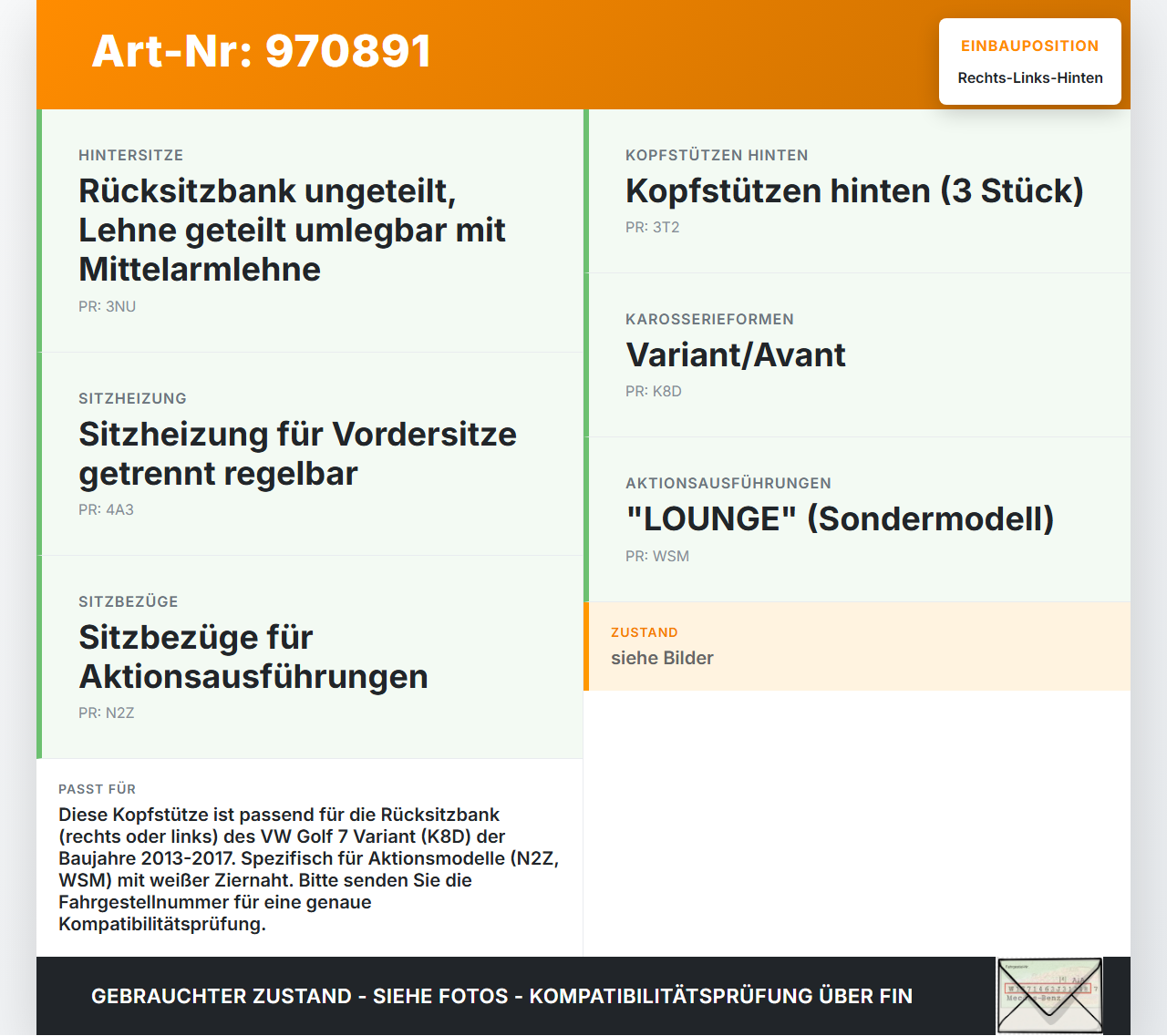 VW Golf 7 VII 13-17 Kopfstütze Rechts oder Links Hinten weiße Naht VW Golf 7 VII 13-17 22.10.2015 5G0885901AC gebraucht Vorschau 3