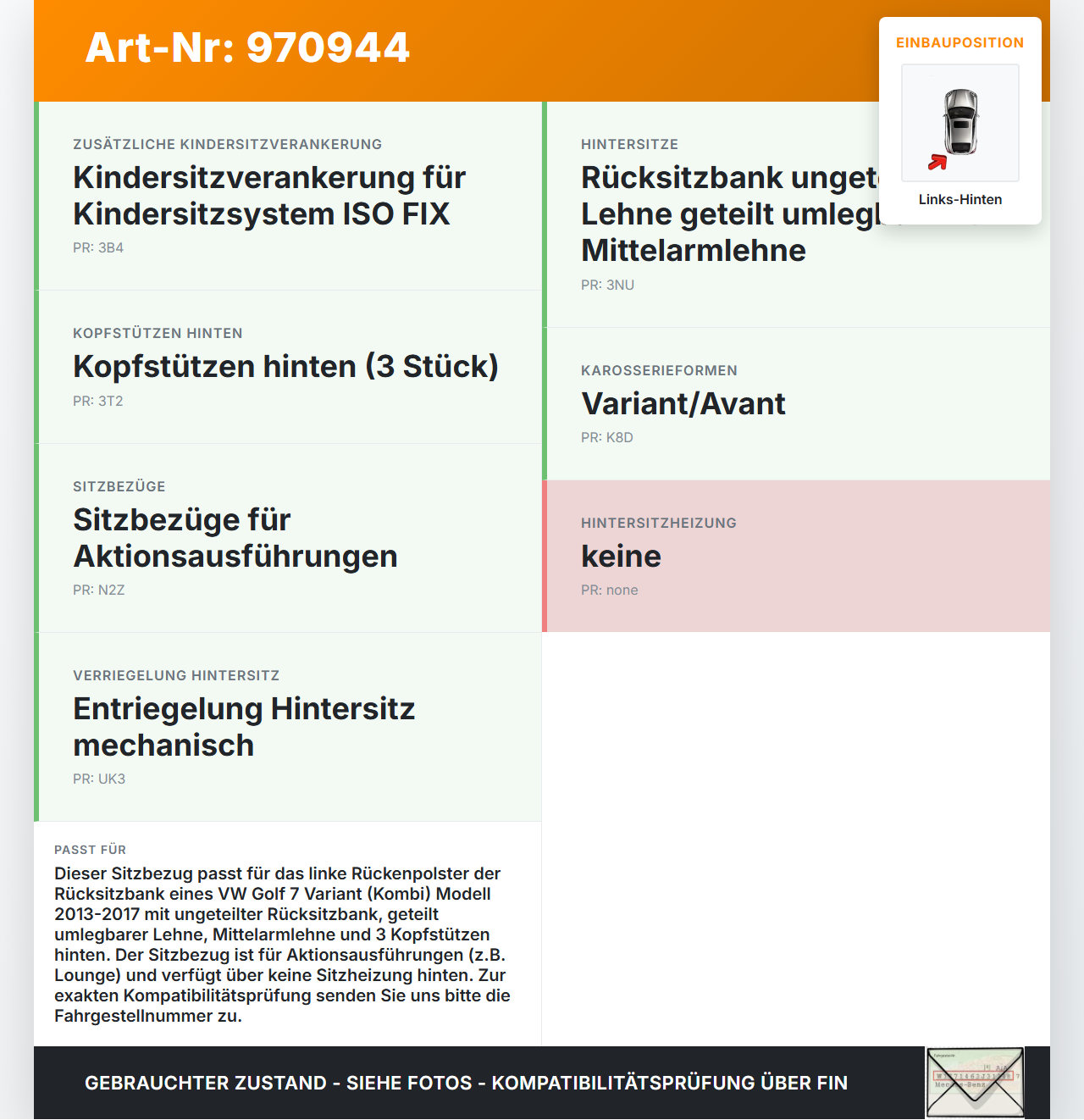 VW Golf 7 VII 13-17 Kombi Sitzbezug Rückenpolster Links für Rücksitzbank Hinten VW Golf 7 VII 13-17 22.10.2015... Vorschau 3