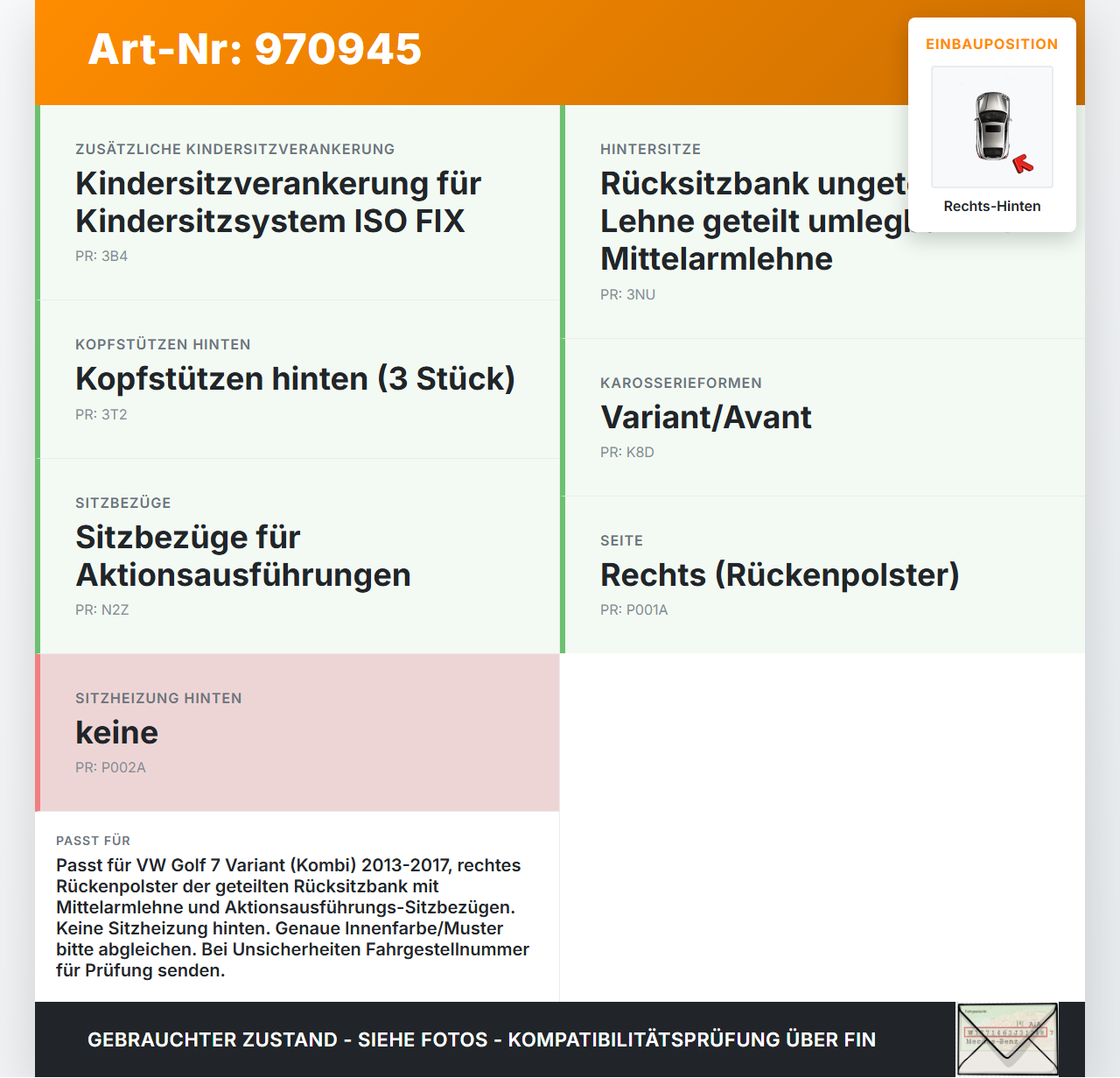VW Golf 7 VII 13-17 Kombi Sitzbezug Rückenpolster Rechts für Rücksitzbank Hinten VW Golf 7 VII 13-17 22.10.2015... Vorschau 3