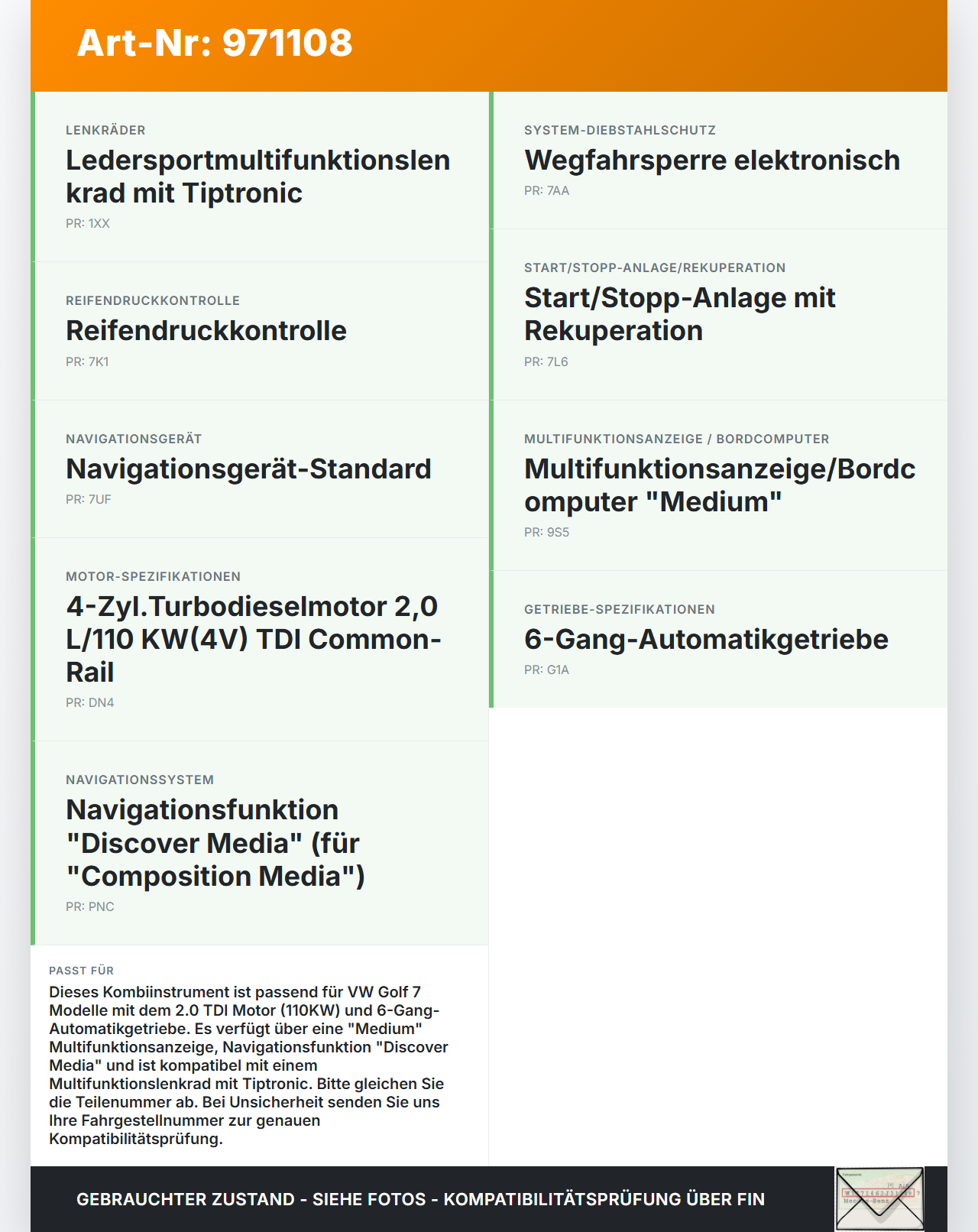 VW Golf 7 VII 13-17 TDI 2,0 110KW Kombiinstrument Tacho VW Golf 7 VII 13-17 22.10.2015 5G1920741A gebraucht Vorschau 3