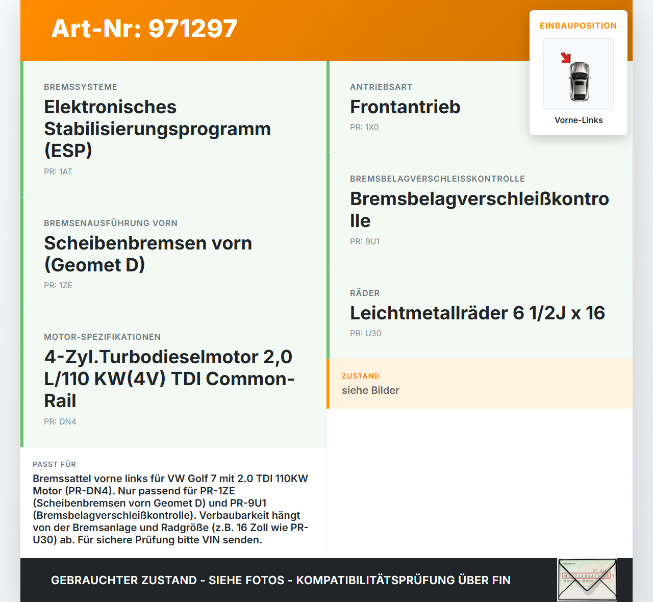 VW Golf 7 VII 13-17 TDI 2,0 110KW Bremssattel Bremszange Vorne Links VW Golf 7 VII 13-17 22.10.2015 8V0615123 gebraucht Vorschau 3