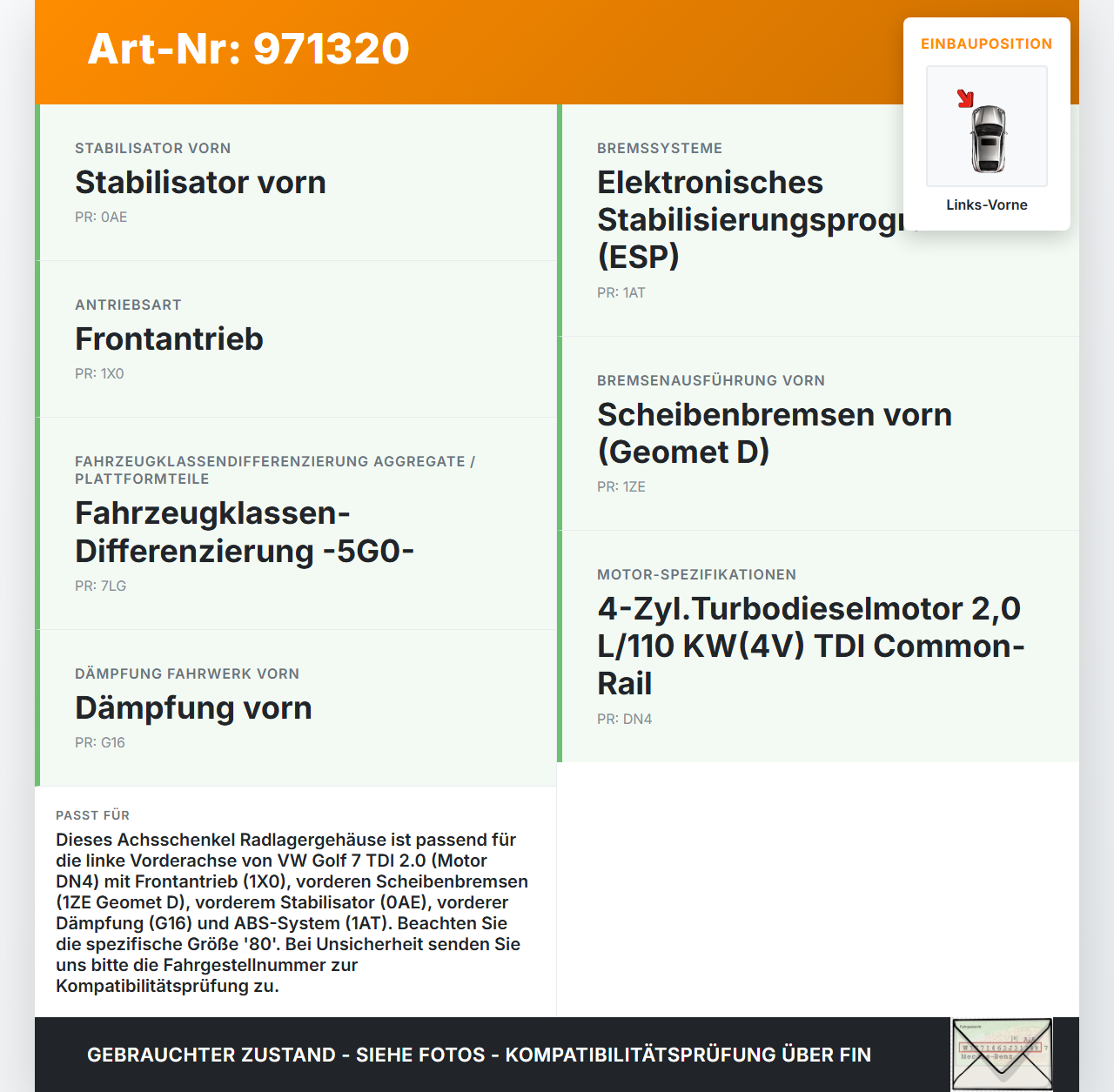VW Golf 7 VII 13-17 TDI 2,0 Achsschenkel Radnabe mit ABS Links Vorne 80 VW Golf 7 VII 13-17 22.10.2015 5WA407255... Vorschau 3