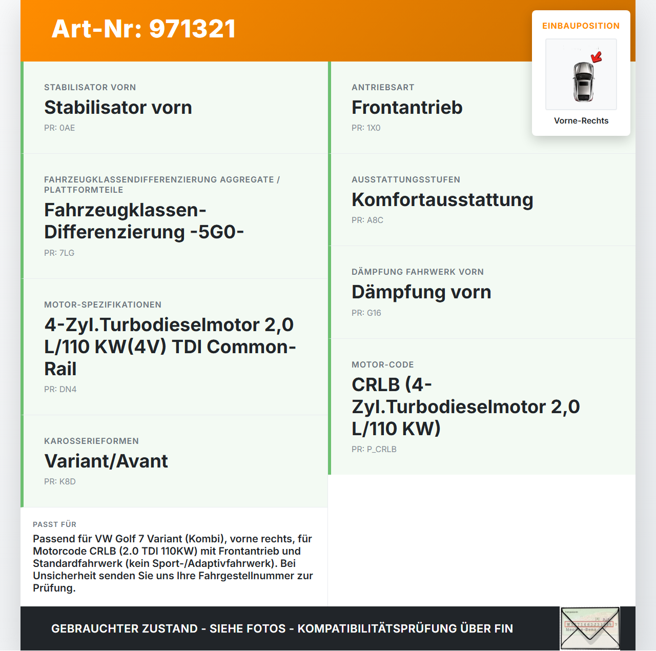 VW Golf 7 VII 13-17 Kombi Federbein Stossdämpfer Vorne Rechts VW Golf 7 VII 13-17 22.10.2015 5Q0413023GR gebraucht Vorschau 3