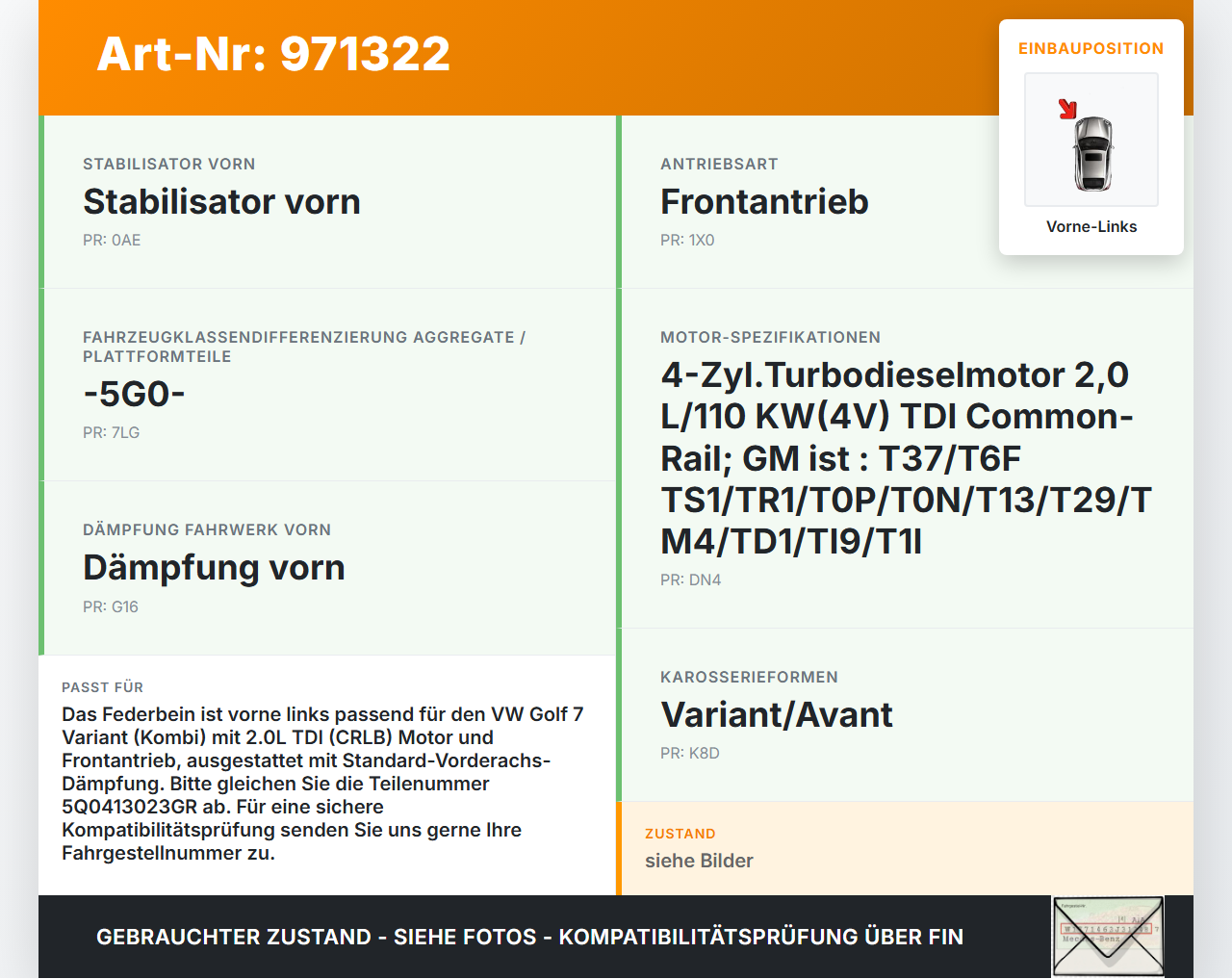 VW Golf 7 VII 13-17 Kombi Federbein Stossdämpfer Vorne Links VW Golf 7 VII 13-17 22.10.2015 5Q0413023GR gebraucht Vorschau 3