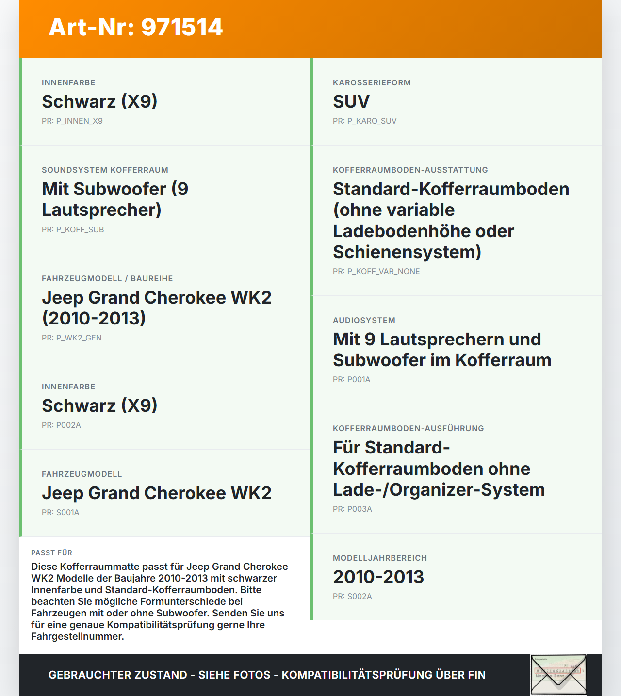 Jeep Grand Cherokee WK2 10-13 Kofferraummatte Kofferraum Einlegeboden Jeep Grand Cherokee WK2 10-13 11.02.2011 gebraucht Vorschau 3