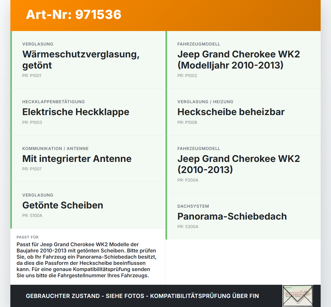 Jeep Grand Cherokee WK2 10-13 Heckscheibe Rückwand Autoglas Orig. getönt Jeep Grand Cherokee WK2 10-13 11.02.2011... Vorschau 3