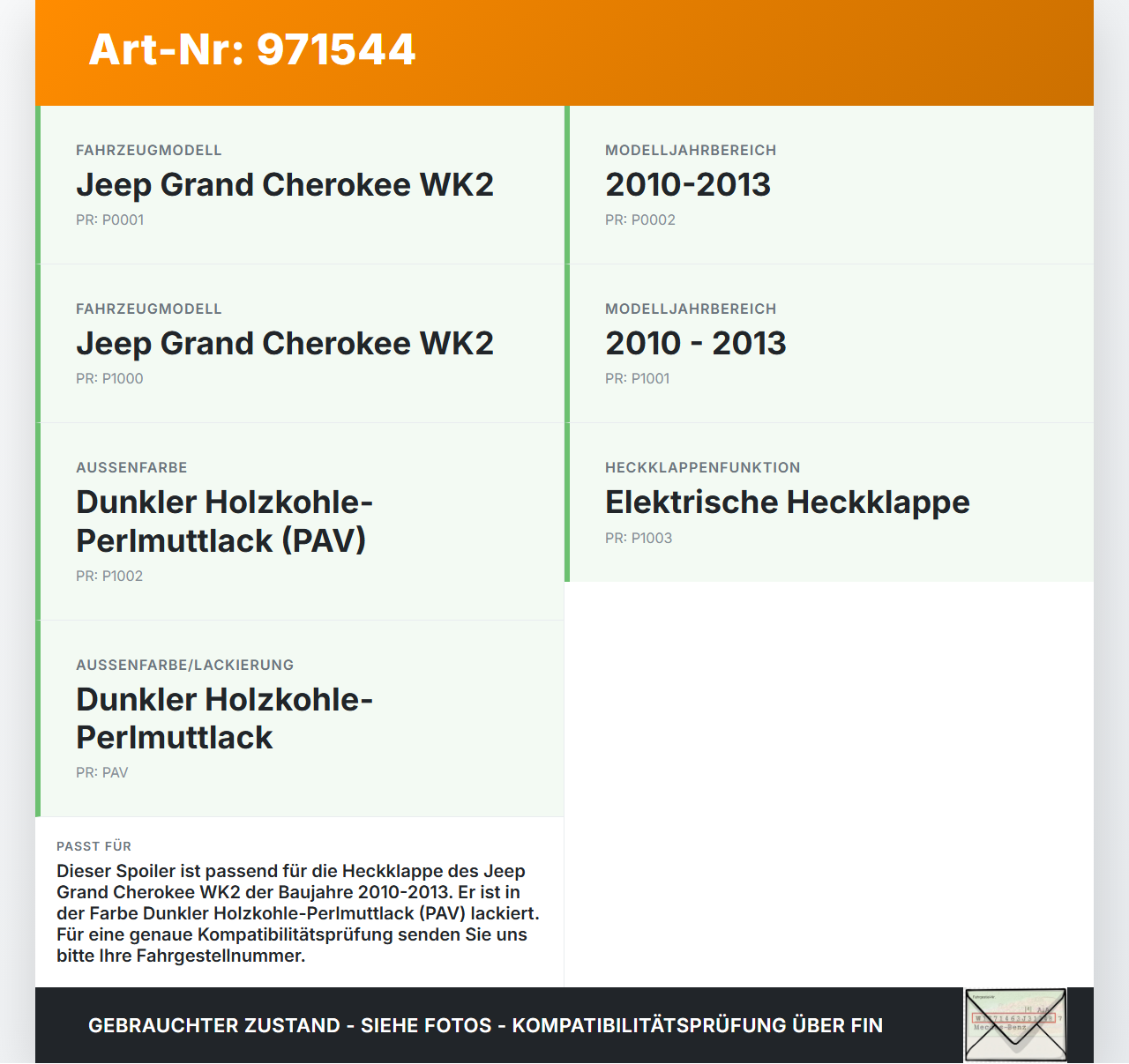 Jeep Grand Cherokee WK2 10-13 Spoiler für Heckklappe PAV Jeep Grand Cherokee WK2 10-13 11.02.2011 gebraucht Vorschau 3