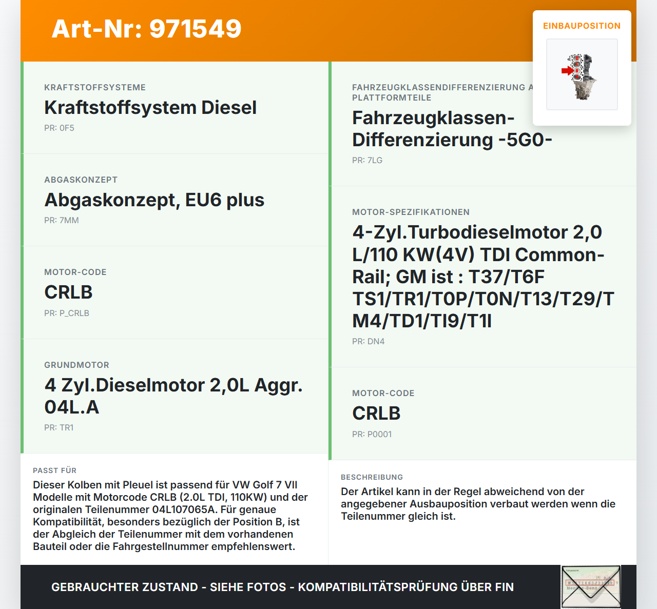 VW Golf 7 VII 13-17 TDI 2,0 110KW CRLB Kolben mit Pleuel Pos B VW Golf 7 VII 13-17 22.10.2015 04L107065A gebraucht Vorschau 3