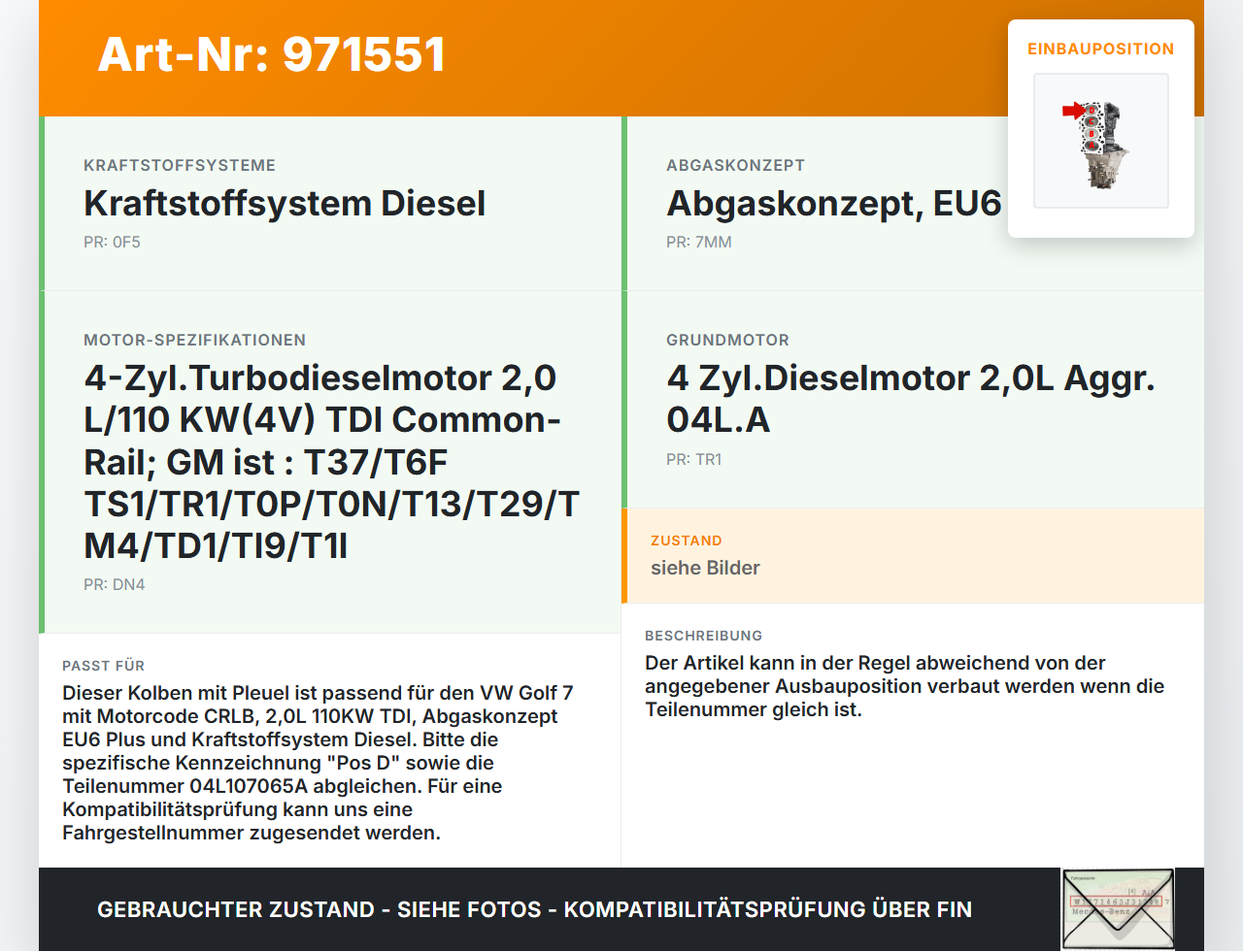 VW Golf 7 VII 13-17 TDI 2,0 110KW CRLB Kolben mit Pleuel Pos D VW Golf 7 VII 13-17 22.10.2015 04L107065A gebraucht Vorschau 3