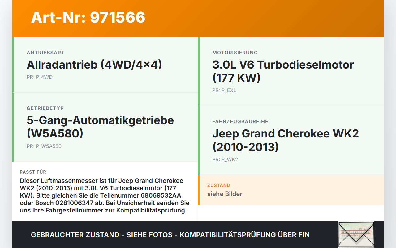 Jeep Grand Cherokee WK2 10-13 3,0d 177KW Luftmassenmesser Jeep Grand Cherokee WK2 10-13 11.02.2011 68069532AA... Vorschau 3