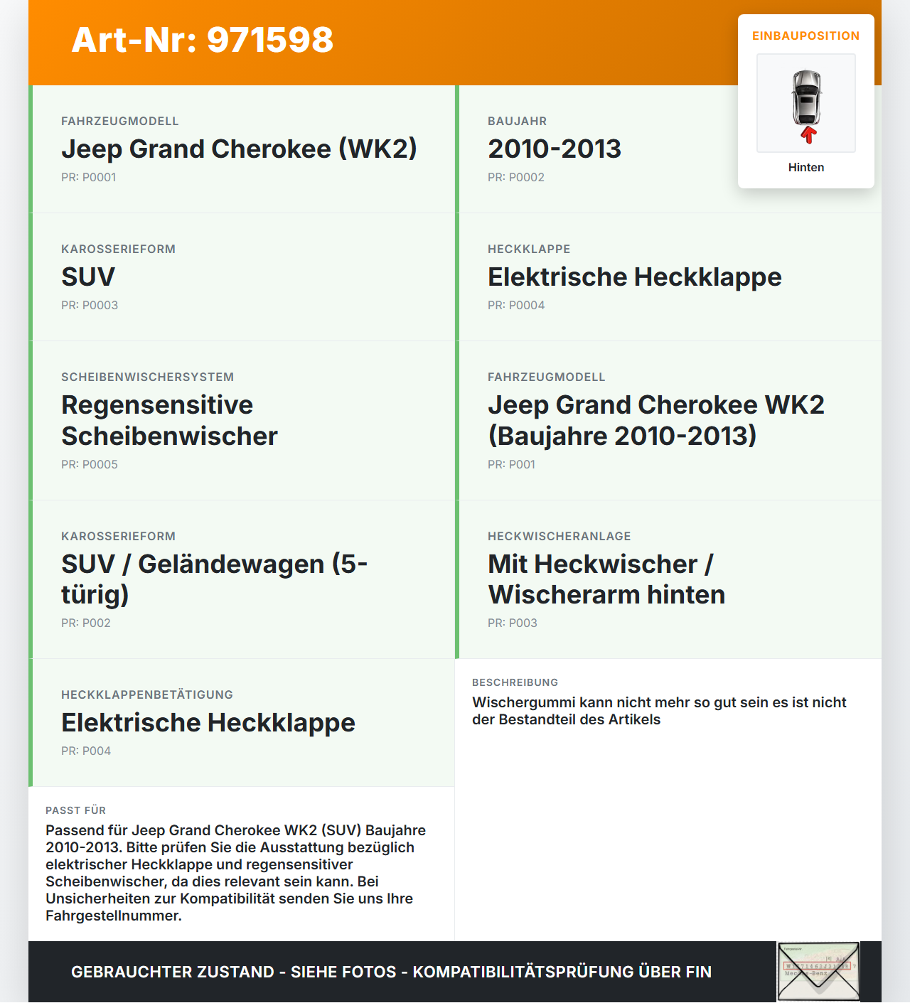 Jeep Grand Cherokee WK2 10-13 Heckwischer Scheibenwischer Hinten Wischarm Jeep Grand Cherokee WK2 10-13 11.02.2011... Vorschau 3