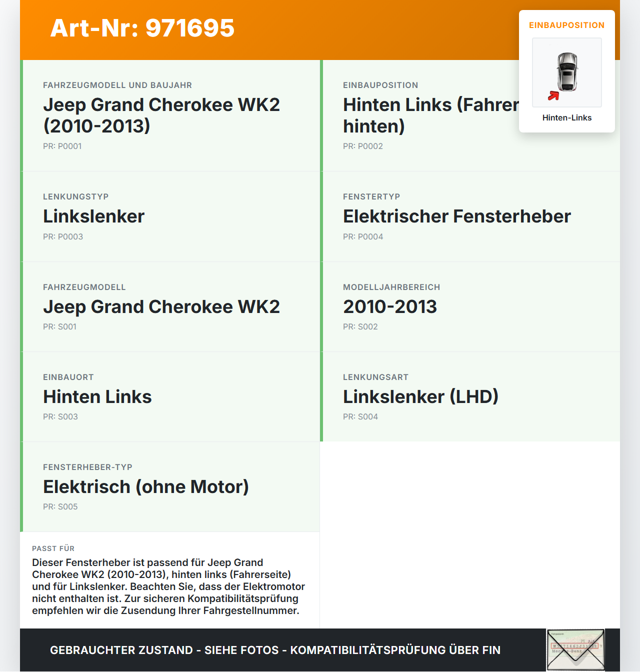 Jeep Grand Cherokee WK2 10-13 Fensterheber o. FH-Motor Hinten Links Jeep Grand Cherokee WK2 10-13 11.02.2011... Vorschau 3