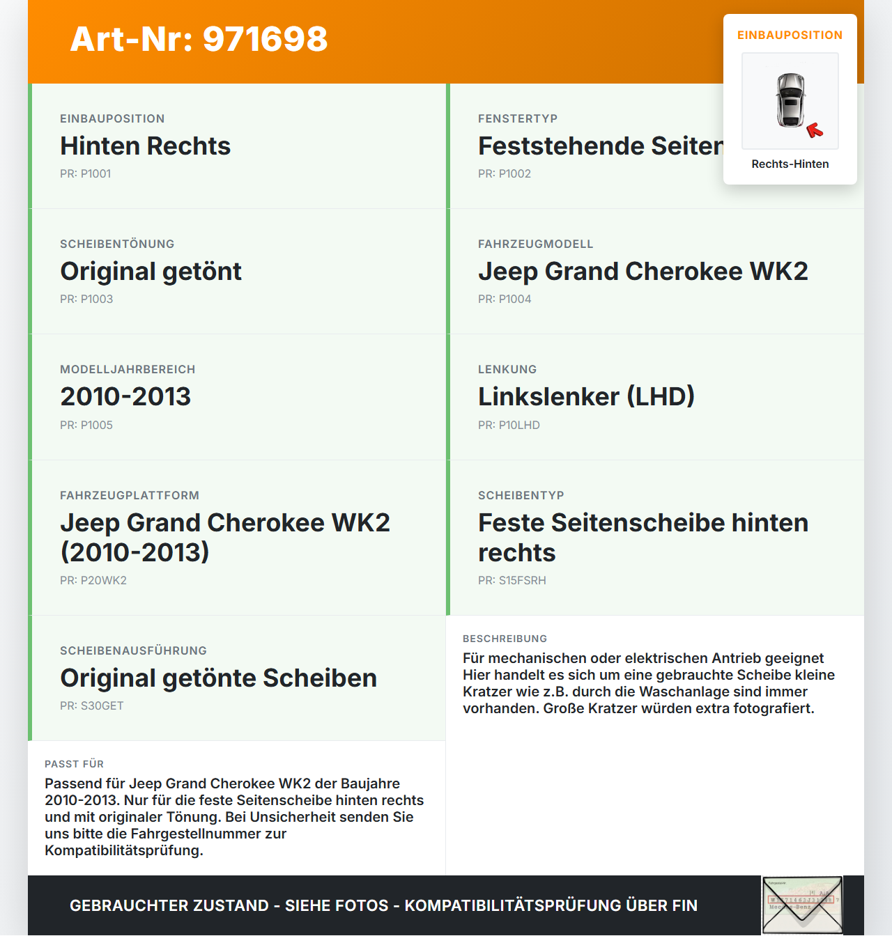Jeep Grand Cherokee WK2 10-13 Feste Seitenscheibe Rechts Hinten Orig. getönt Jeep Grand Cherokee WK2 10-13... Vorschau 3
