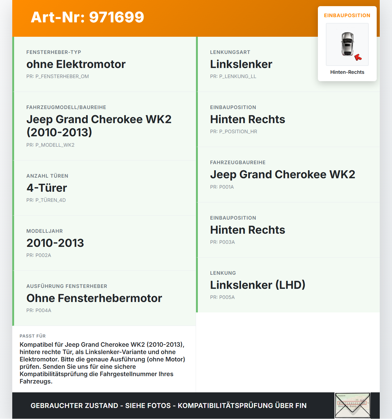 Jeep Grand Cherokee WK2 10-13 Fensterheber o. FH-Motor Hinten Rechts Jeep Grand Cherokee WK2 10-13 11.02.2011... Vorschau 3