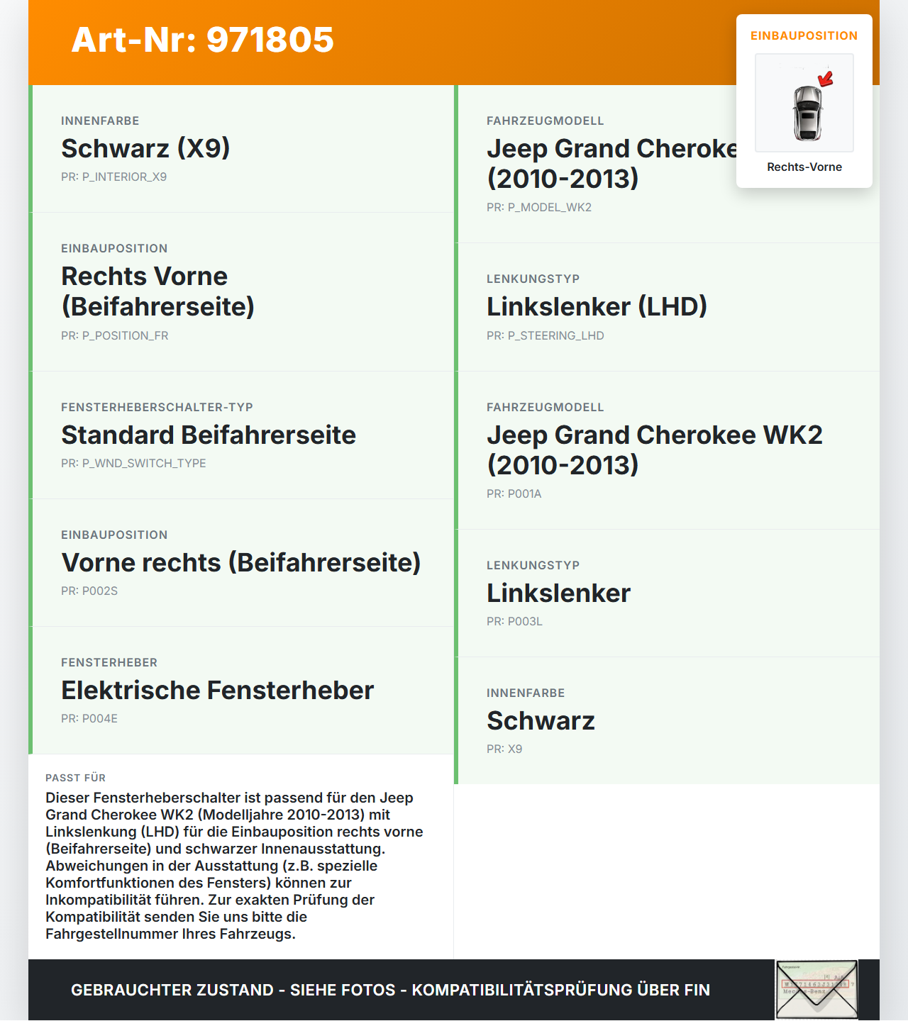 Jeep Grand Cherokee WK2 10-13 Fensterheberschalter Schalter Rechts Vorne Jeep Grand Cherokee WK2 10-13 11.02.2011... Vorschau 3