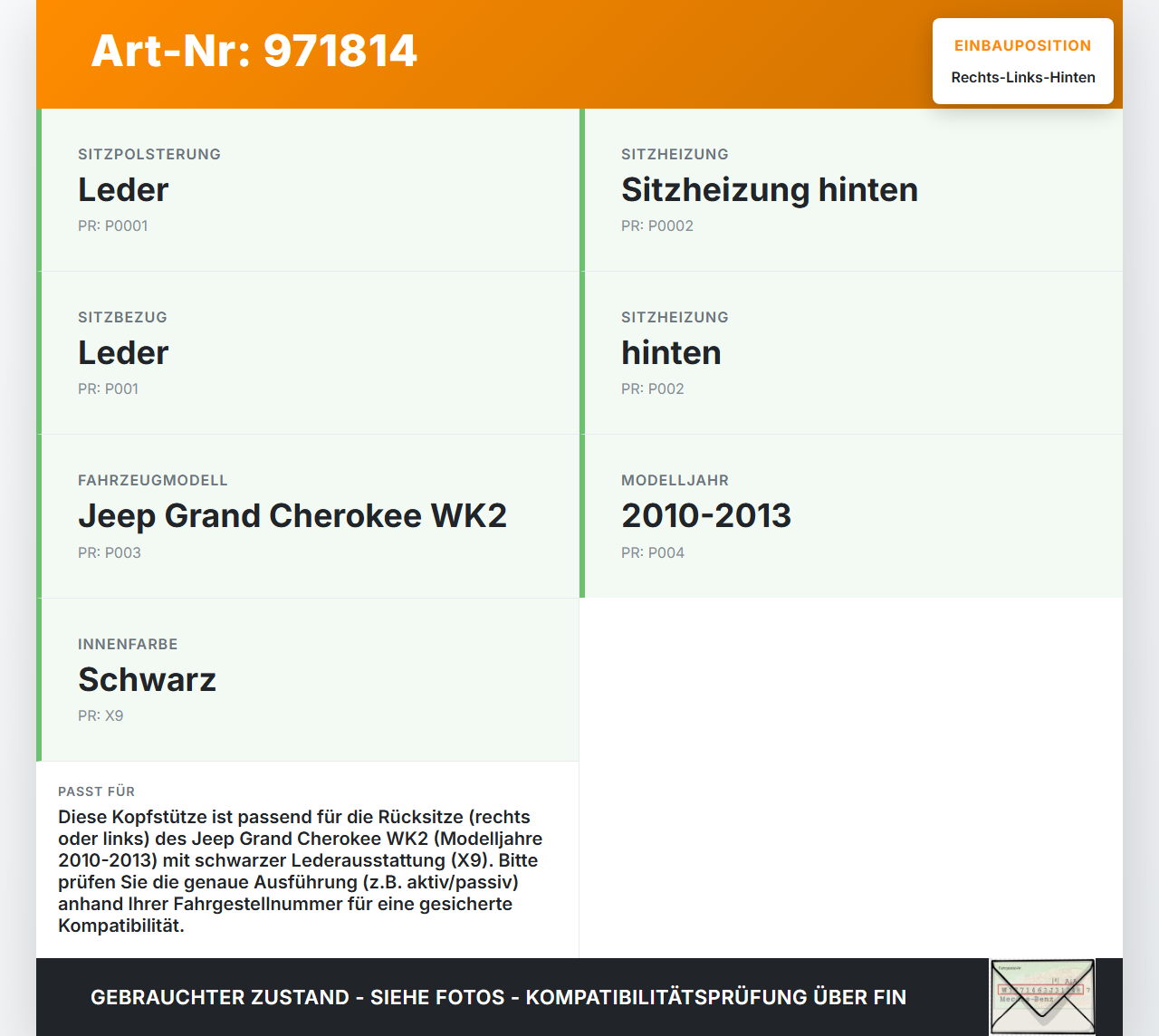 Jeep Grand Cherokee WK2 10-13 Kopfstütze Rechts oder Links Hinten Jeep Grand Cherokee WK2 10-13 11.02.2011 gebraucht Vorschau 3