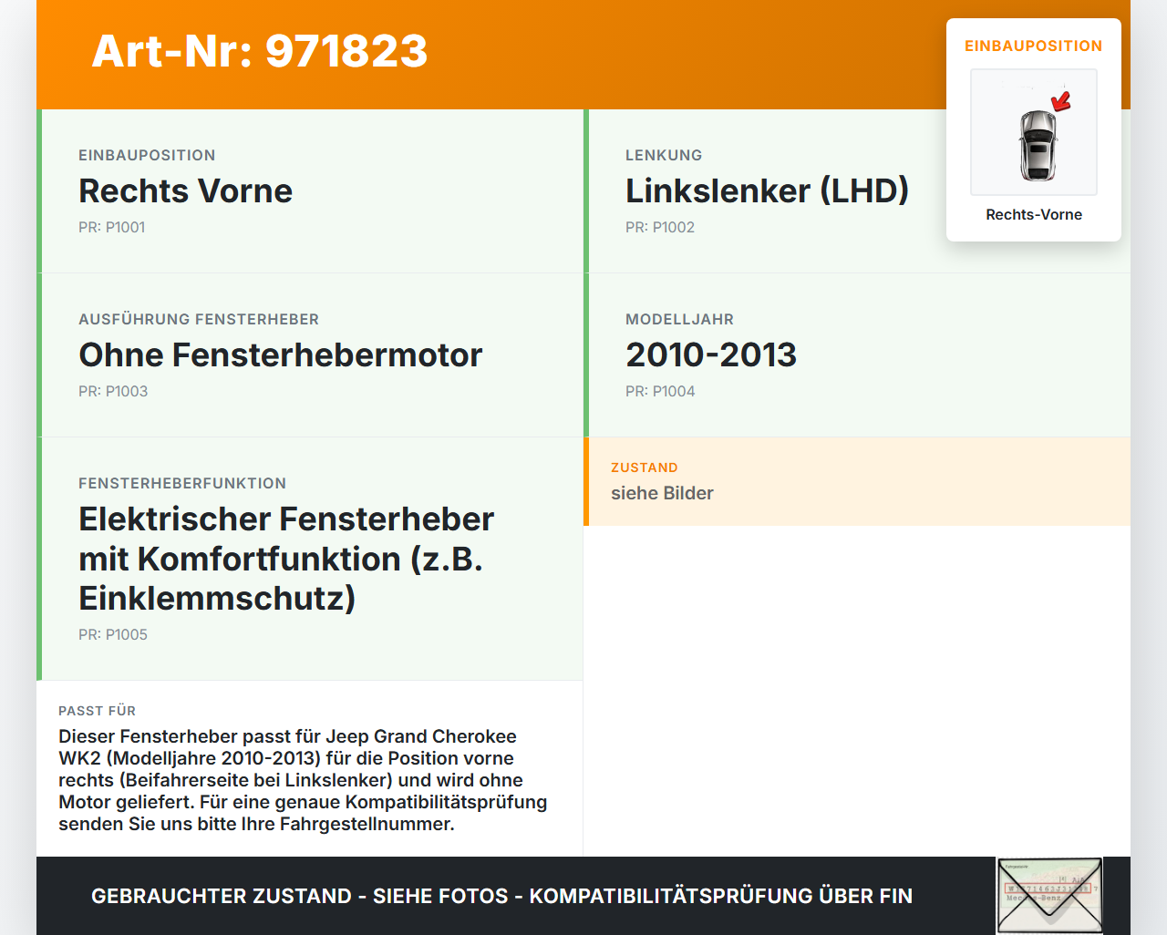 Jeep Grand Cherokee WK2 10-13 Fensterheber o. FH-Motor Rechts Vorne Jeep Grand Cherokee WK2 10-13 11.02.2011 gebraucht Vorschau 3