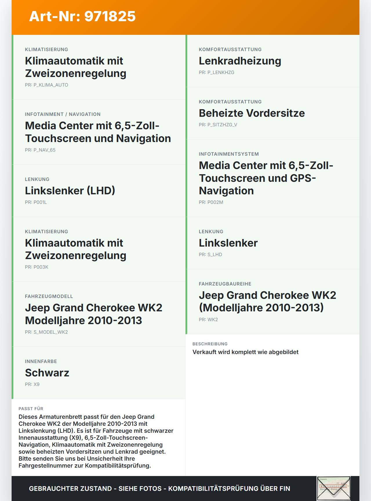 Jeep Grand Cherokee WK2 10-13 Armaturenbrett Panel komplett Kunststoff Jeep Grand Cherokee WK2 10-13 11.02.2011... Vorschau 3