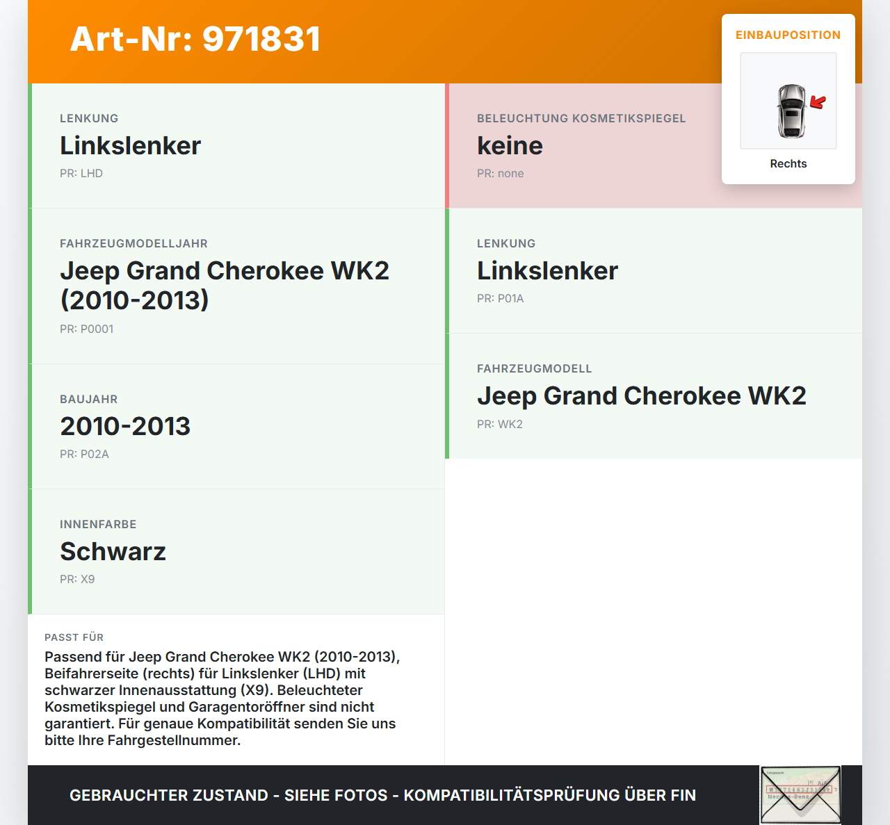 Jeep Grand Cherokee WK2 10-13 Sonnenblende Rechts für Beifahrer Jeep Grand Cherokee WK2 10-13 11.02.2011 gebraucht Vorschau 3