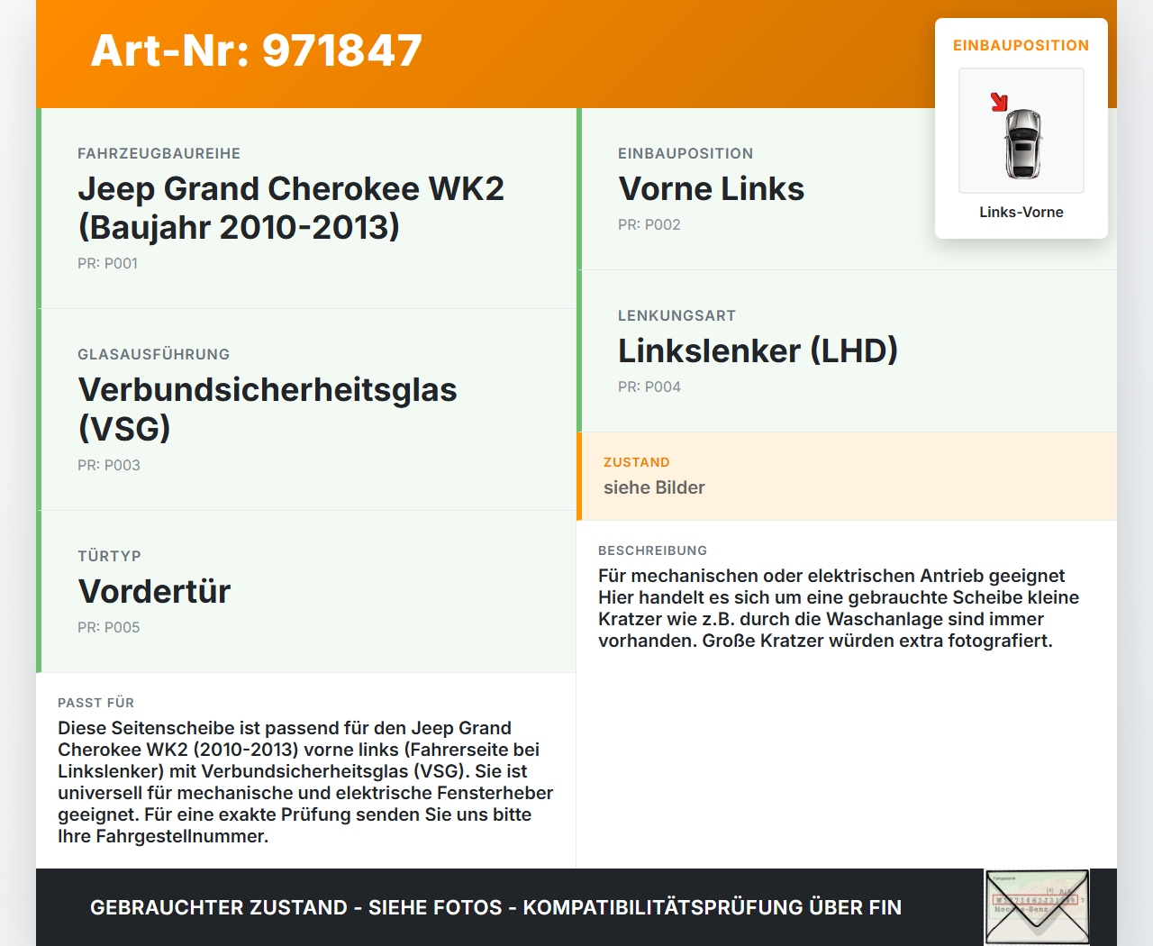 Jeep Grand Cherokee WK2 10-13 LVK Seitenscheibe für Tür Fenster Türscheibe Links Vorne VSG Jeep Grand Cherokee WK2... Vorschau 3