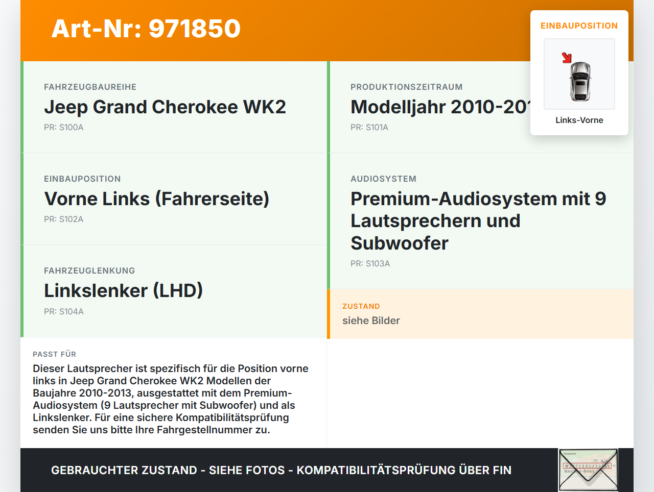 Jeep Grand Cherokee WK2 10-13 Lautsprecher Links Vorne Jeep Grand Cherokee WK2 10-13 11.02.2011 gebraucht Vorschau 3