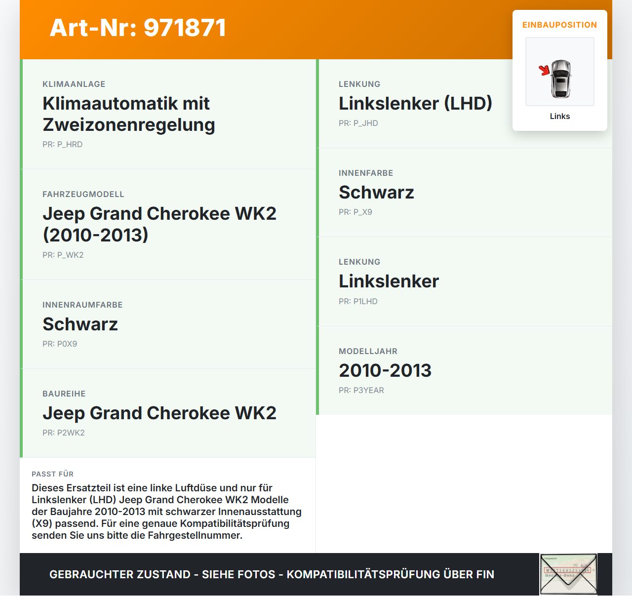 Jeep Grand Cherokee WK2 10-13 Luftdusche Luftdüse Links Jeep Grand Cherokee WK2 10-13 11.02.2011 gebraucht Vorschau 3
