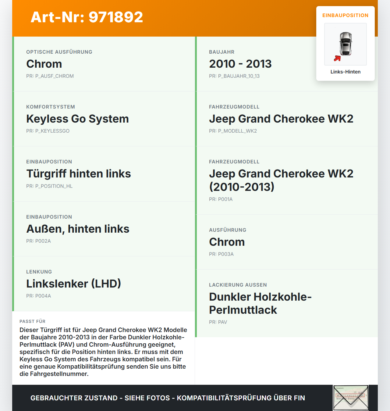 Jeep Grand Cherokee WK2 10-13 Türgriff Griff aussen Links Hinten Chrom PAV Jeep Grand Cherokee WK2 10-13 11.02.2011... Vorschau 3