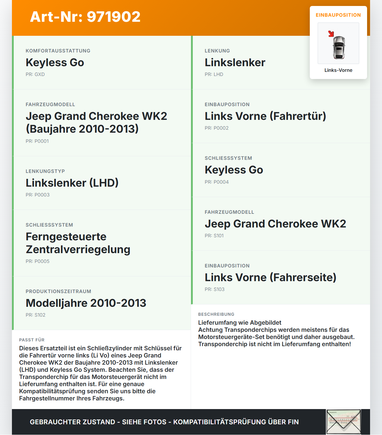 Jeep Grand Cherokee WK2 10-13 Schliesszylinder Schlüssel Schliessanlage Links Vorne Jeep Grand Cherokee WK2 10-13... Vorschau 3