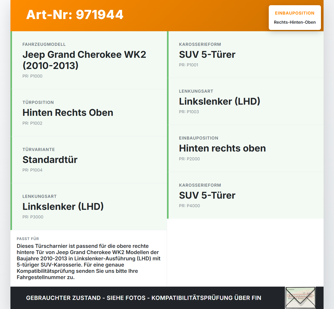 Jeep Grand Cherokee WK2 10-13 Türscharnier Tür Scharnier Rechts Hinten Oben Jeep Grand Cherokee WK2 10-13... Vorschau 3