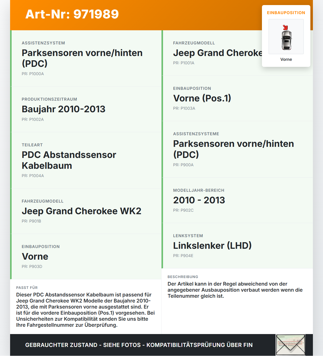 Jeep Grand Cherokee WK2 10-13 PDC Kabelbaum Pos.1 Vorne Jeep Grand Cherokee WK2 10-13 11.02.2011 gebraucht Vorschau 3